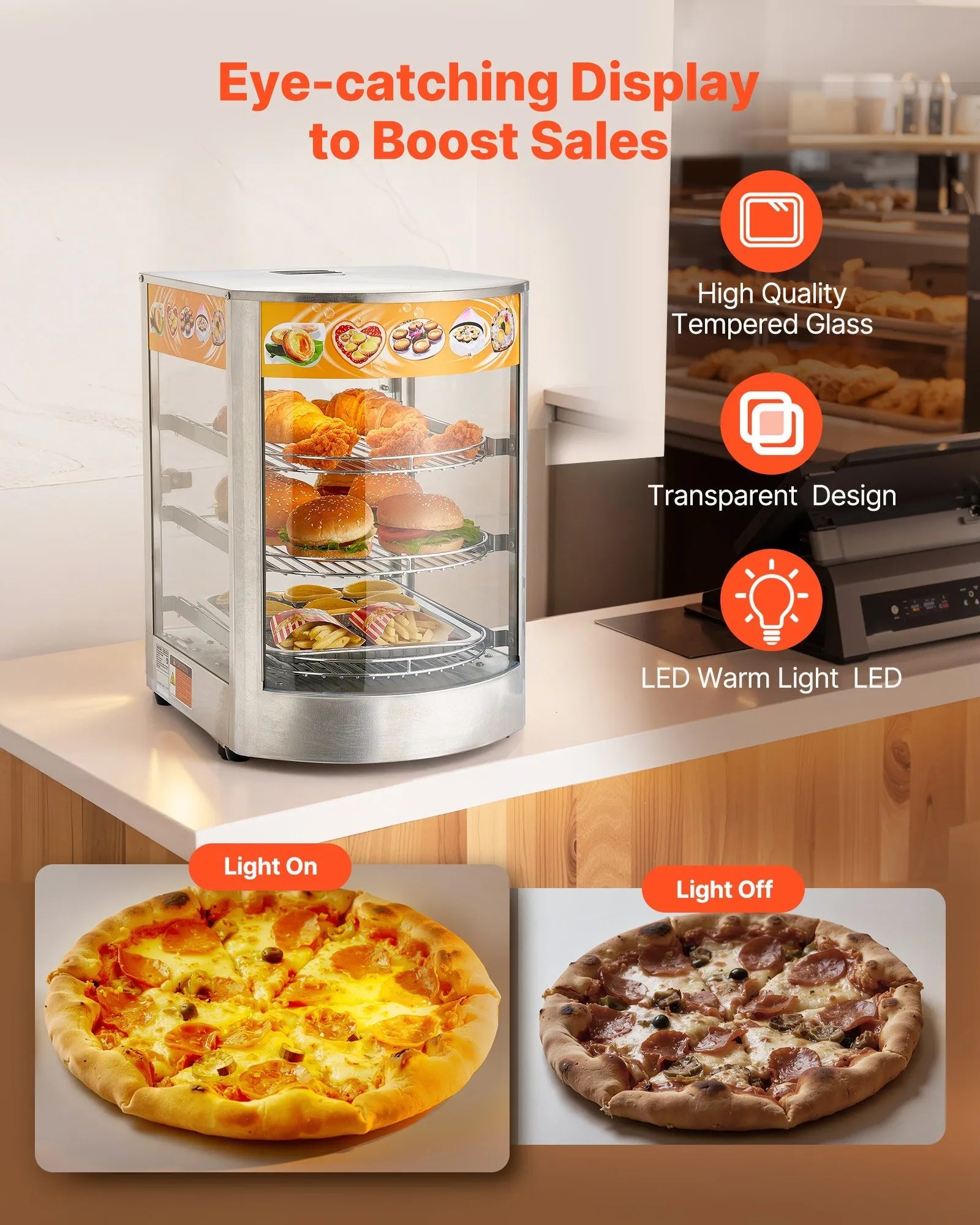 VEVOR 3-Tier Commercial Food Warmer Display, 800W Food Display Warmer with LED Light, Adjustable Shelf and Stainless Steel Frame, 86℉~185℉ Air Heating, 60L for Hamburger, Pizza, Bread, Fried Chicken 