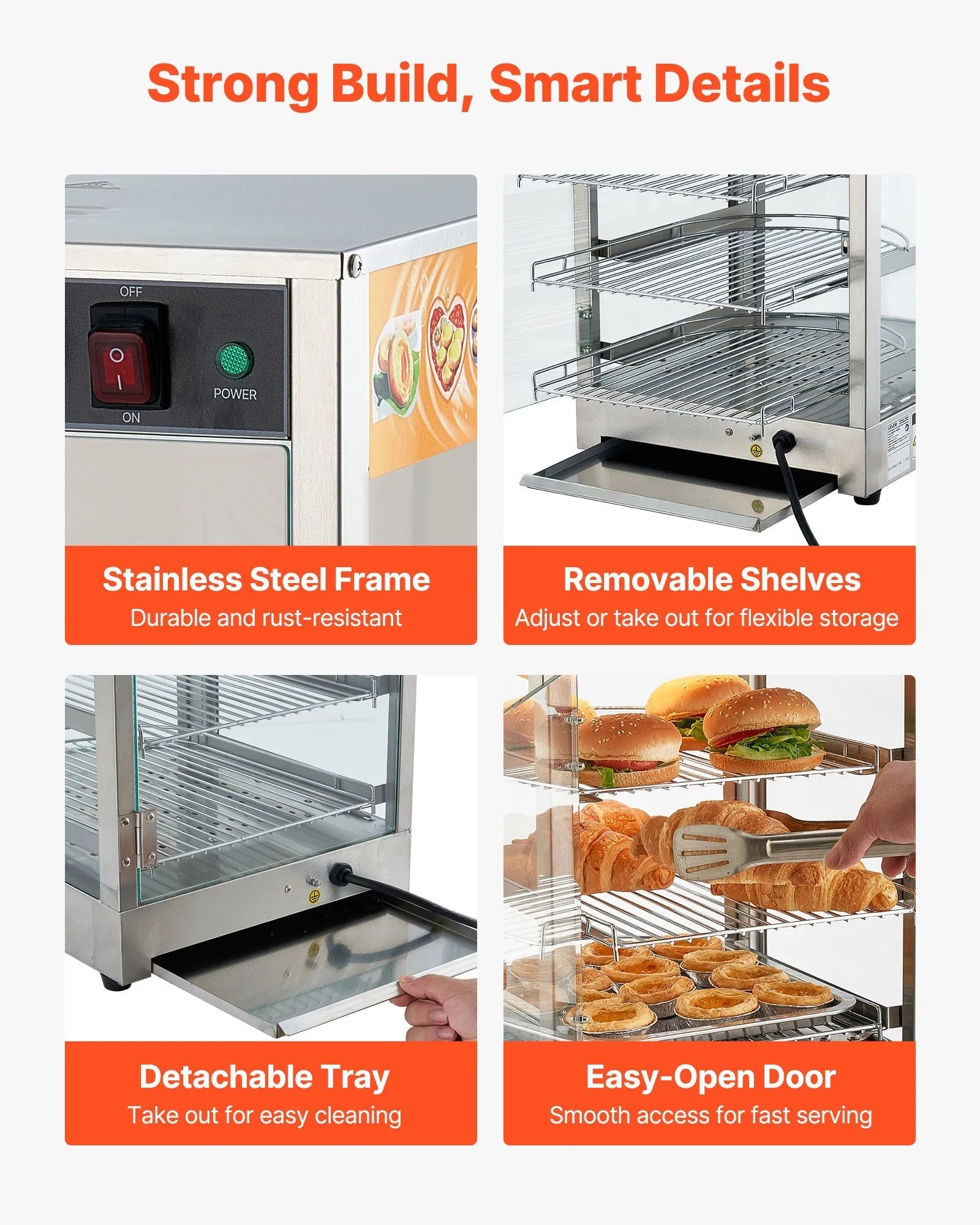 VEVOR 3-Tier Commercial Food Warmer Display, 800W Food Display Warmer with LED Light, Adjustable Shelf and Stainless Steel Frame, 86℉~185℉ Air Heating, 60L for Hamburger, Pizza, Bread, Fried Chicken 