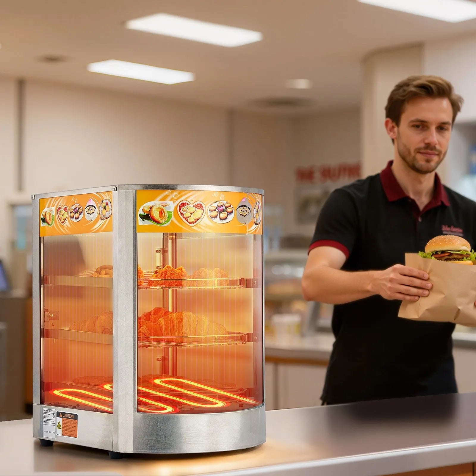 VEVOR 3-Tier Commercial Food Warmer Display, 800W Food Display Warmer with LED Light, Adjustable Shelf and Stainless Steel Frame, 86℉~185℉ Air Heating, 60L for Hamburger, Pizza, Bread, Fried Chicken 