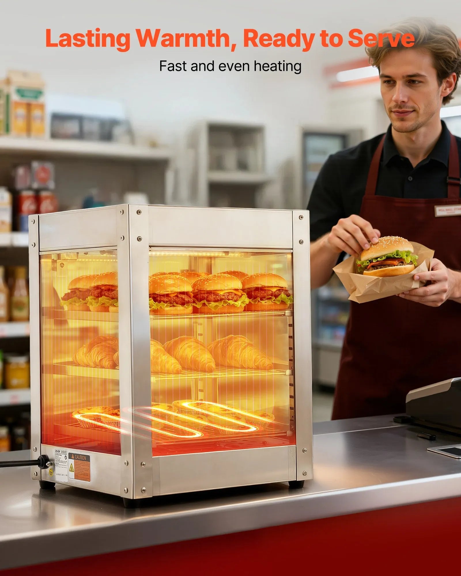 VEVOR 3-Tier Commercial Food Warmer Display, 800W Food Display Warmer with LED Light, Adjustable Shelf and Stainless Steel Frame, 86℉~185℉ Air Heating, 34L for Hamburger, Pizza, Bread, Fried Chicken 