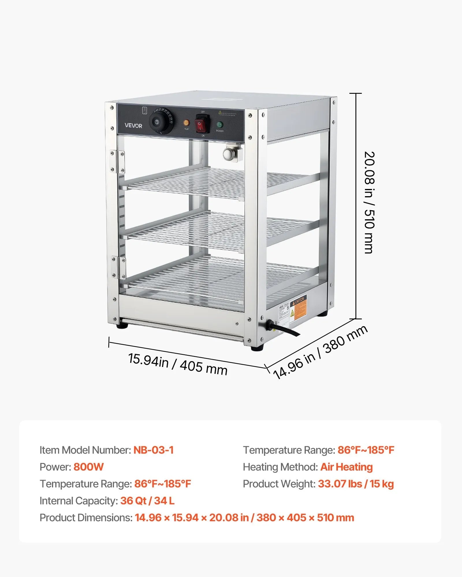 VEVOR 3-Tier Commercial Food Warmer Display, 800W Food Display Warmer with LED Light, Adjustable Shelf and Stainless Steel Frame, 86℉~185℉ Air Heating, 34L for Hamburger, Pizza, Bread, Fried Chicken 