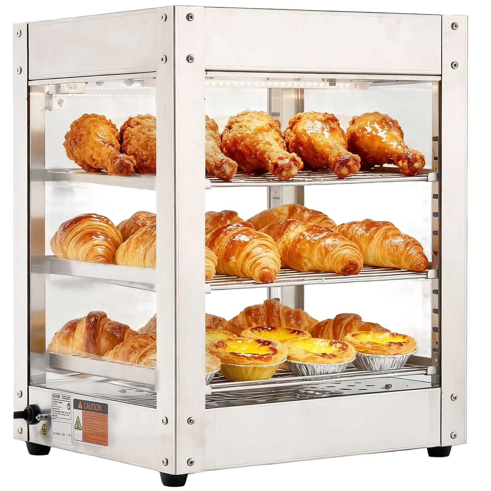 VEVOR 3-Tier Commercial Food Warmer Display, 800W Food Display Warmer with LED Light, Adjustable Shelf and Stainless Steel Frame, 86℉~185℉ Air Heating, 34L for Hamburger, Pizza, Bread, Fried Chicken 