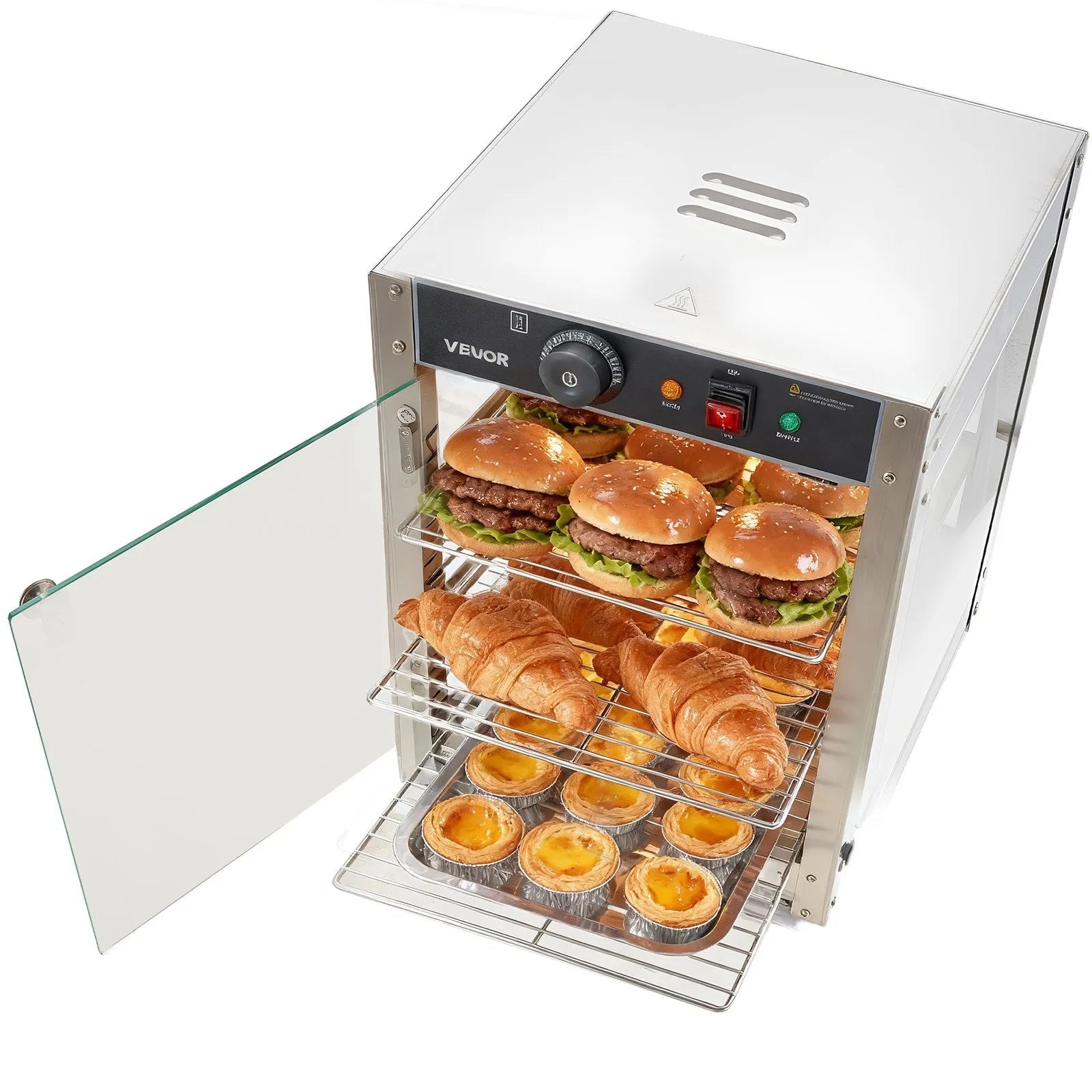 VEVOR 3-Tier Commercial Food Warmer Display, 800W Food Display Warmer with LED Light, Adjustable Shelf and Stainless Steel Frame, 86℉~185℉ Air Heating, 34L for Hamburger, Pizza, Bread, Fried Chicken 