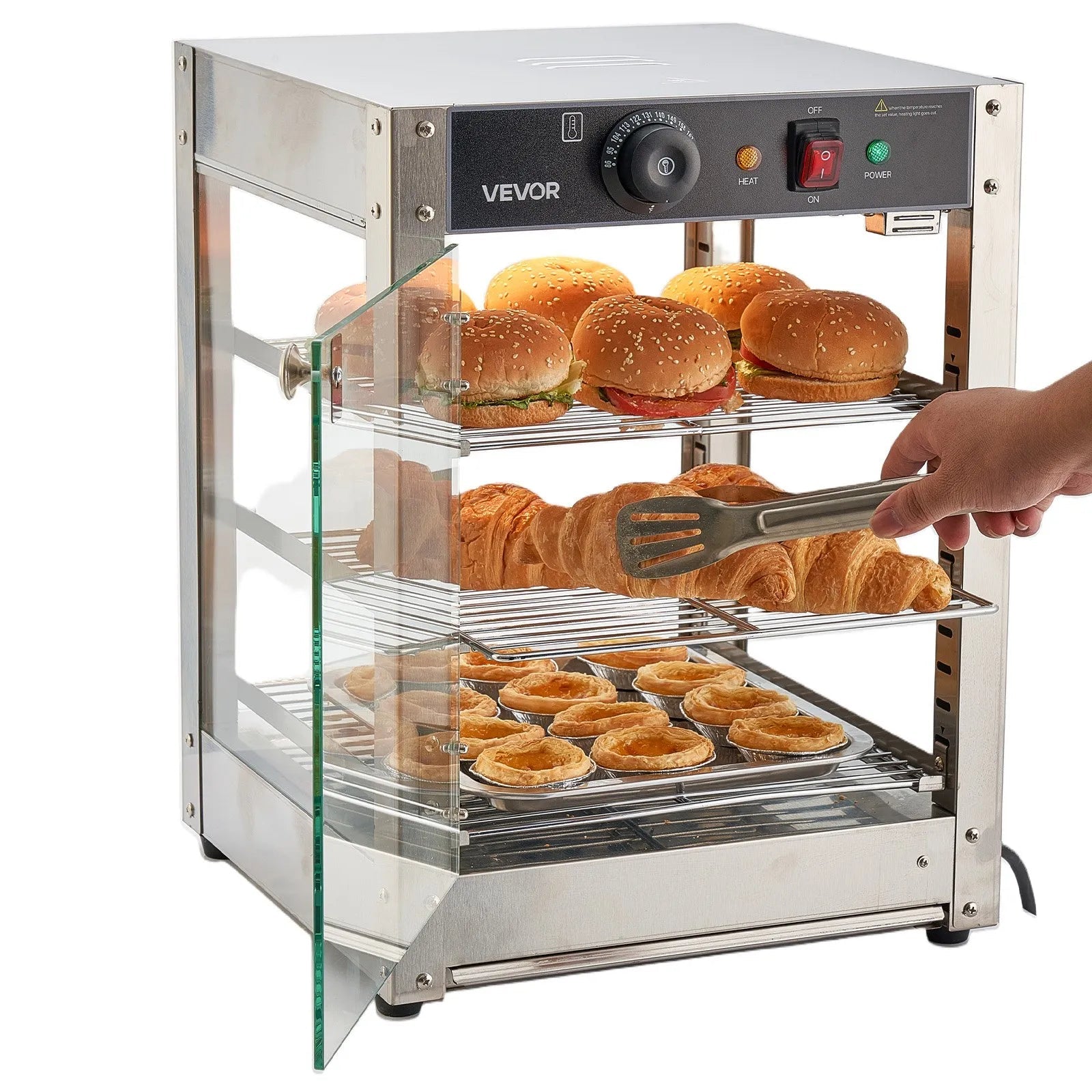 VEVOR 3-Tier Commercial Food Warmer Display, 800W Food Display Warmer with LED Light, Adjustable Shelf and Stainless Steel Frame, 86℉~185℉ Air Heating, 34L for Hamburger, Pizza, Bread, Fried Chicken 