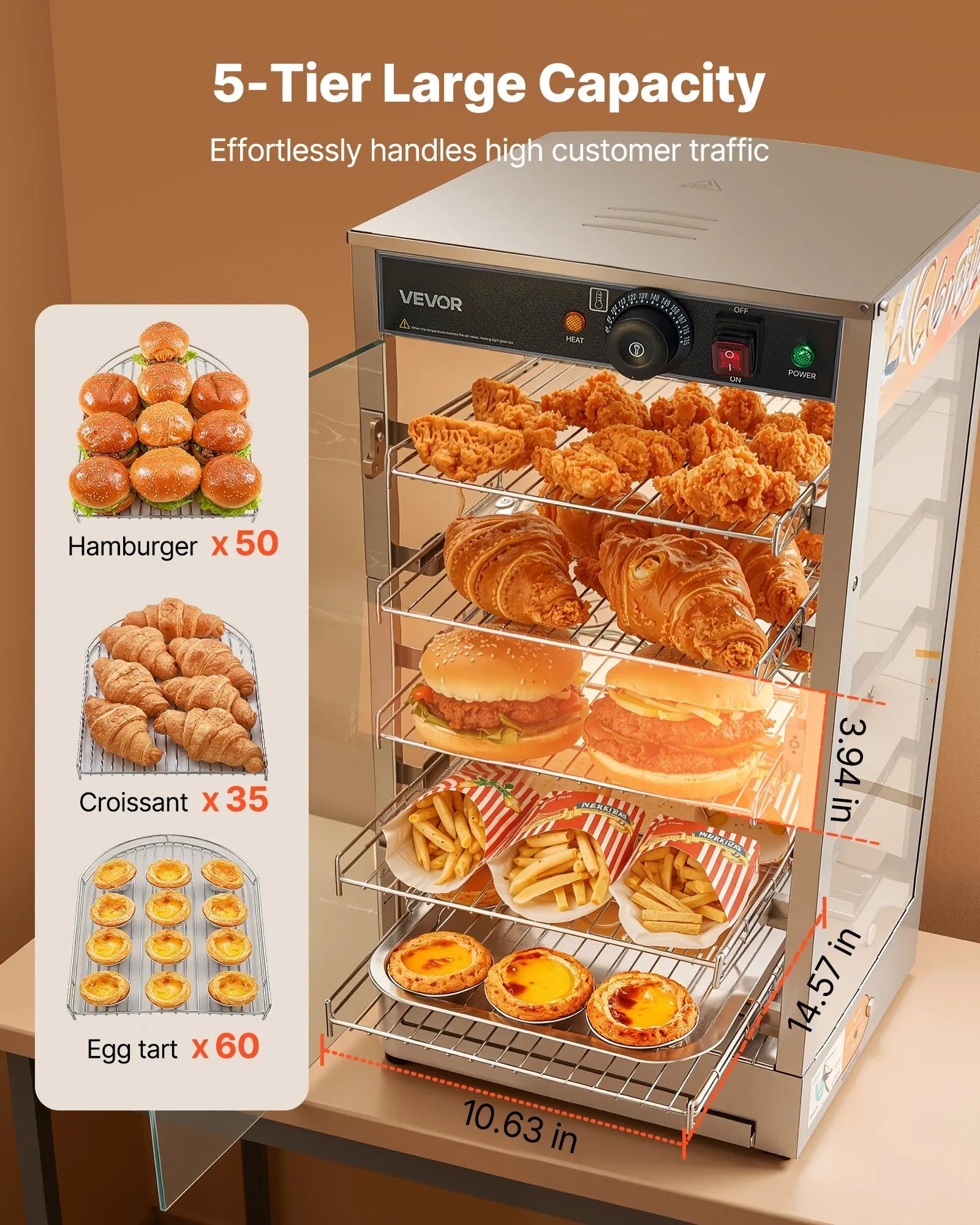 VEVOR 5-Tier Commercial Food Warmer Display, 800W Food Display Warmer with LED Light, Adjustable Shelf and Stainless Steel Frame, 86℉~185℉ Air Heating, 60L for Hamburger, Pizza, Bread, Fried Chicken 