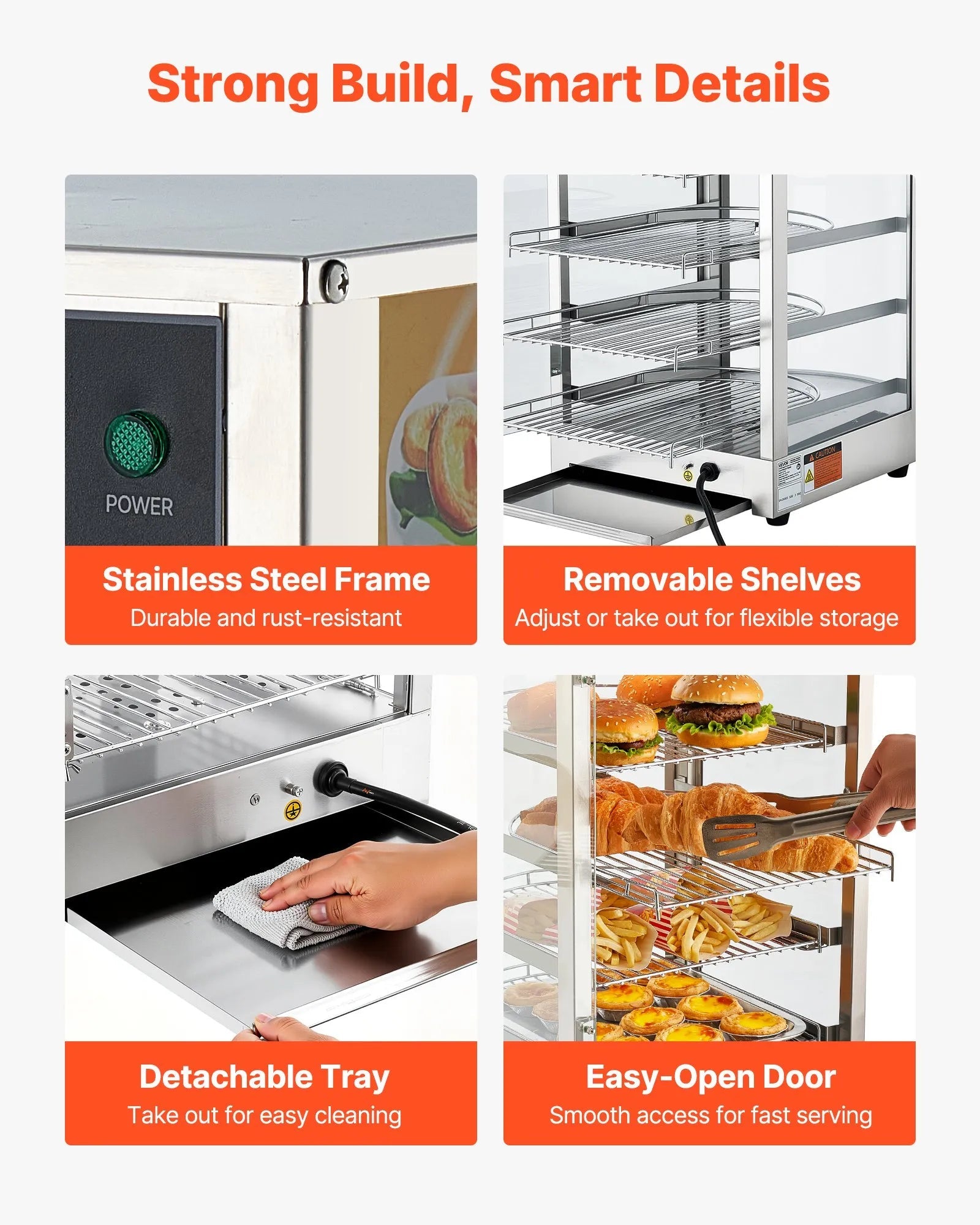 VEVOR 5-Tier Commercial Food Warmer Display, 800W Food Display Warmer with LED Light, Adjustable Shelf and Stainless Steel Frame, 86℉~185℉ Air Heating, 60L for Hamburger, Pizza, Bread, Fried Chicken 