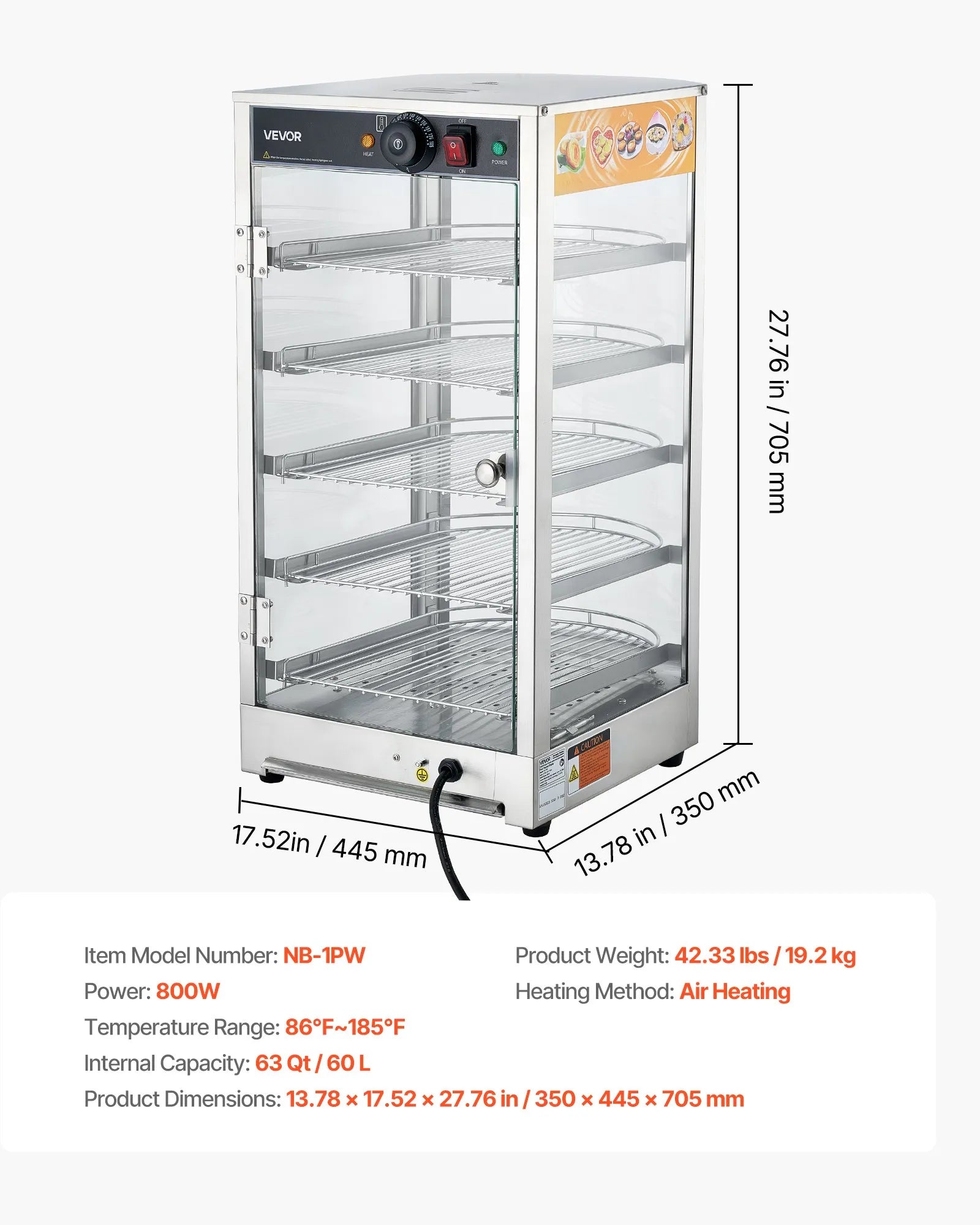 VEVOR 5-Tier Commercial Food Warmer Display, 800W Food Display Warmer with LED Light, Adjustable Shelf and Stainless Steel Frame, 86℉~185℉ Air Heating, 60L for Hamburger, Pizza, Bread, Fried Chicken 