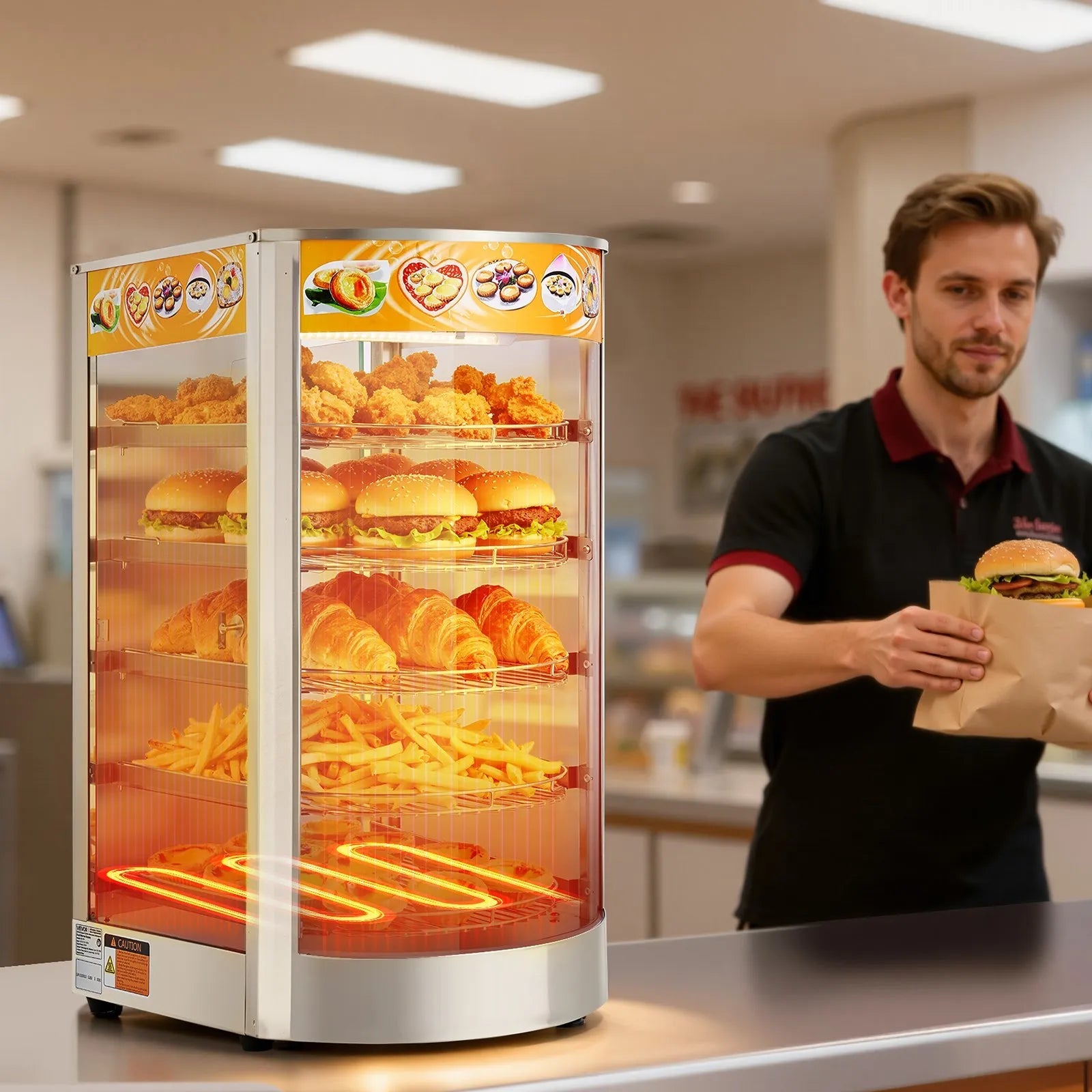 VEVOR 5-Tier Commercial Food Warmer Display, 800W Food Display Warmer with LED Light, Adjustable Shelf and Stainless Steel Frame, 86℉~185℉ Air Heating, 60L for Hamburger, Pizza, Bread, Fried Chicken 