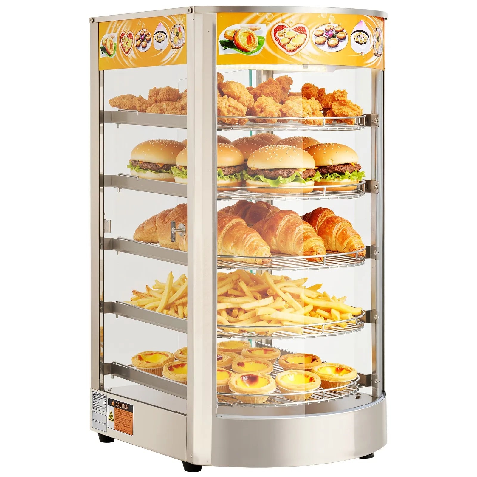 VEVOR 5-Tier Commercial Food Warmer Display, 800W Food Display Warmer with LED Light, Adjustable Shelf and Stainless Steel Frame, 86℉~185℉ Air Heating, 60L for Hamburger, Pizza, Bread, Fried Chicken 