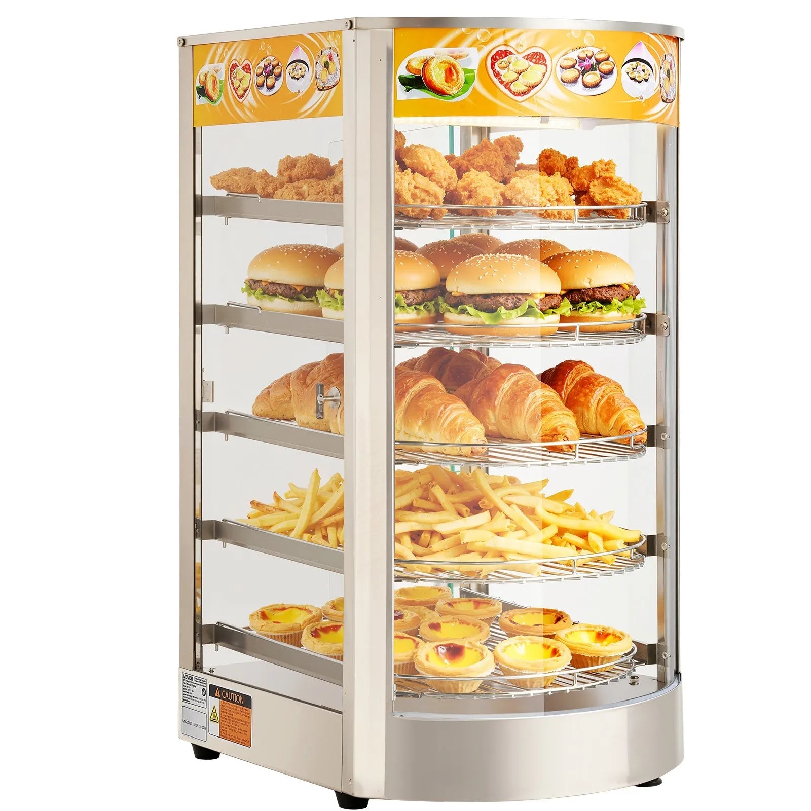 VEVOR 5-Tier Commercial Food Warmer Display, 800W Food Display Warmer with LED Light, Adjustable Shelf and Stainless Steel Frame, 86℉~185℉ Air Heating, 60L for Hamburger, Pizza, Bread, Fried Chicken 