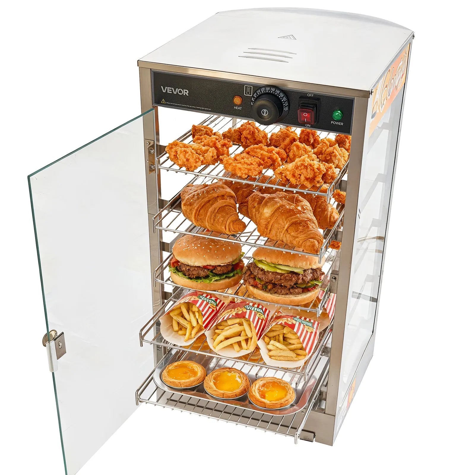 VEVOR 5-Tier Commercial Food Warmer Display, 800W Food Display Warmer with LED Light, Adjustable Shelf and Stainless Steel Frame, 86℉~185℉ Air Heating, 60L for Hamburger, Pizza, Bread, Fried Chicken 