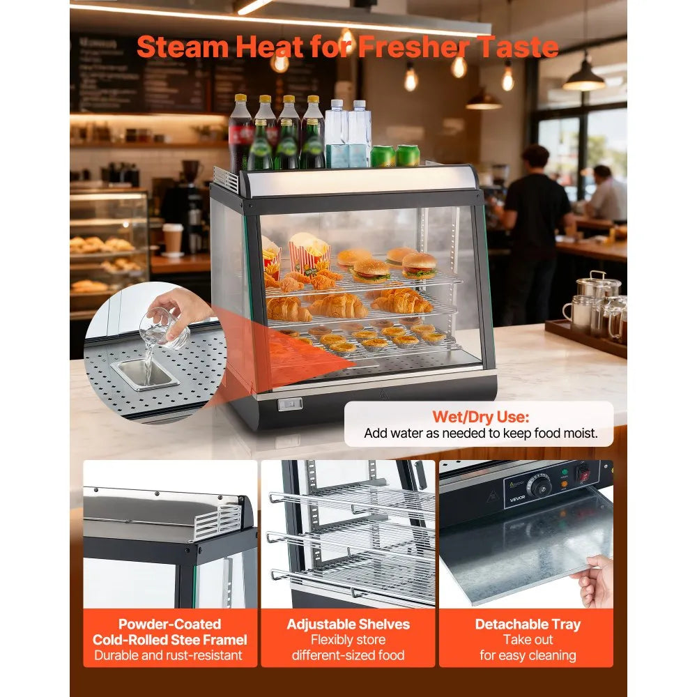 VEVOR 3-Tier Commercial Food Warmer Display, 1200W Food Display Warmer with LED Light, Top Storage and Adjustable Shelves, 86℉~185℉ Steam Heating, 75L for Hamburger, Pizza, Bread, Fried Chicken 