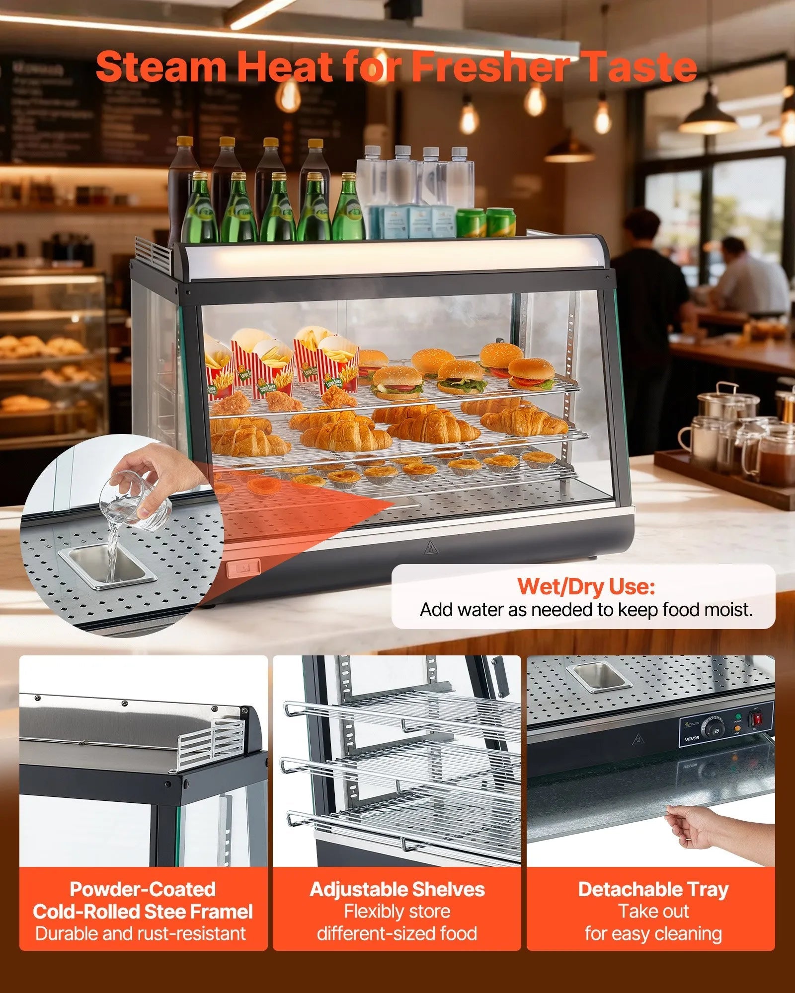 VEVOR 3-Tier Commercial Food Warmer Display, 1400W Food Display Warmer with LED Light, Top Storage and Adjustable Shelves, 86℉~185℉ Steam Heating, 105L for Hamburger, Pizza, Bread, Fried Chicken 