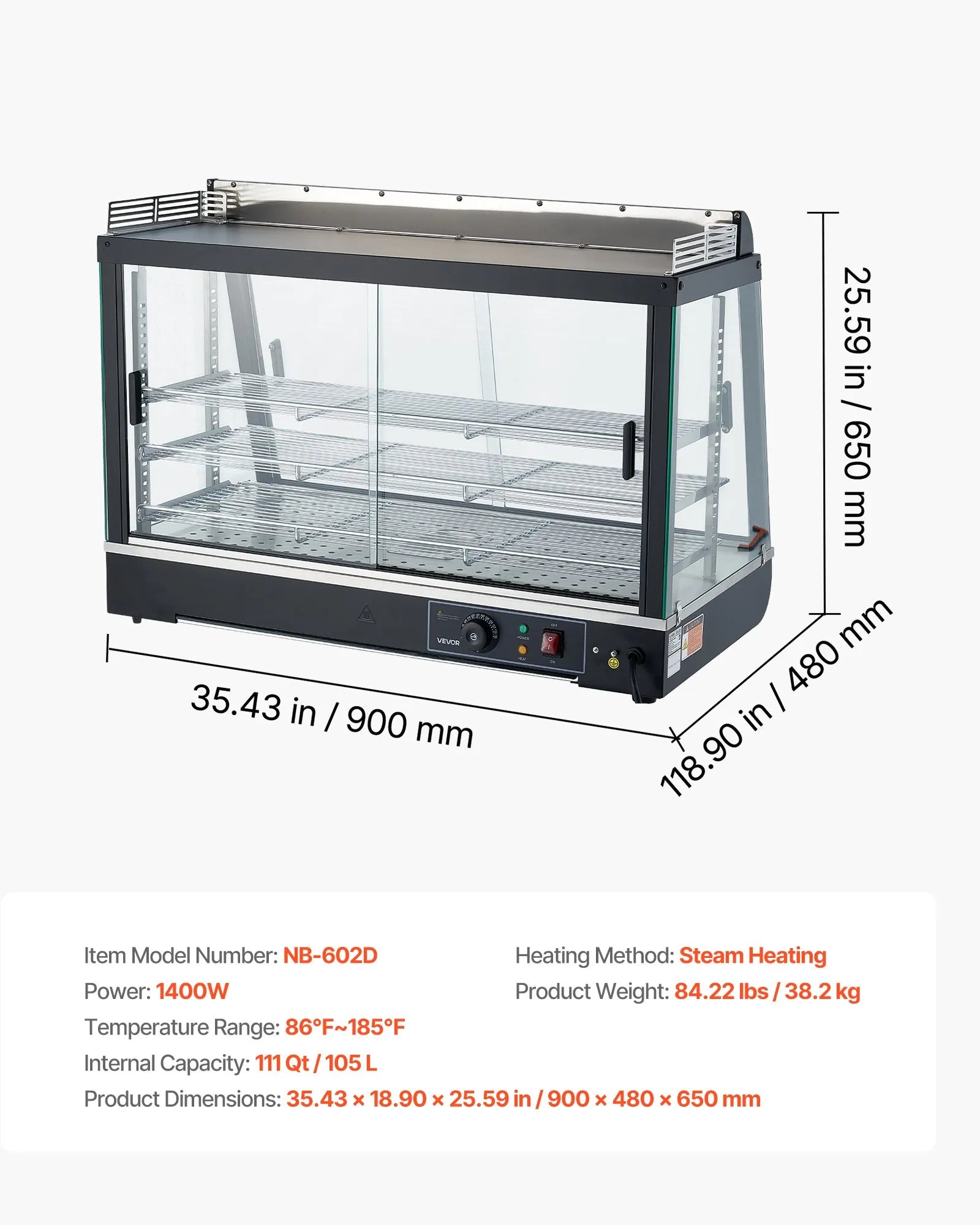 VEVOR 3-Tier Commercial Food Warmer Display, 1400W Food Display Warmer with LED Light, Top Storage and Adjustable Shelves, 86℉~185℉ Steam Heating, 105L for Hamburger, Pizza, Bread, Fried Chicken 