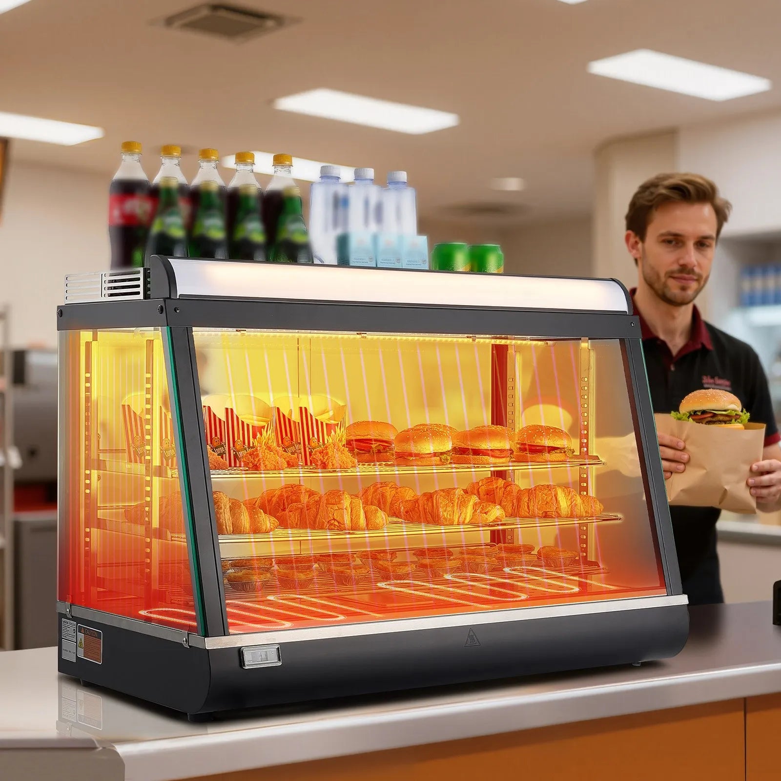 VEVOR 3-Tier Commercial Food Warmer Display, 1400W Food Display Warmer with LED Light, Top Storage and Adjustable Shelves, 86℉~185℉ Steam Heating, 105L for Hamburger, Pizza, Bread, Fried Chicken 