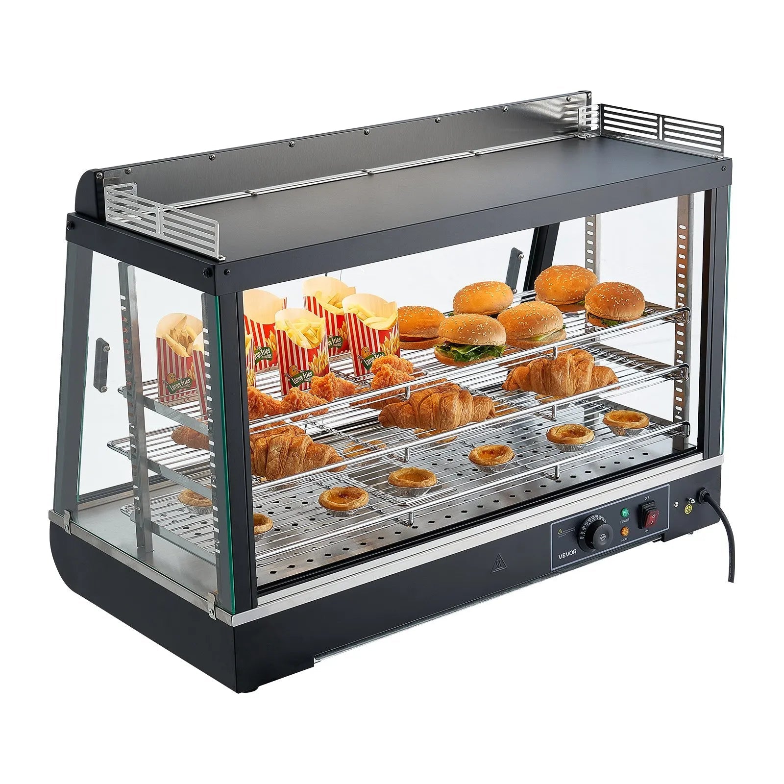 VEVOR 3-Tier Commercial Food Warmer Display, 1400W Food Display Warmer with LED Light, Top Storage and Adjustable Shelves, 86℉~185℉ Steam Heating, 105L for Hamburger, Pizza, Bread, Fried Chicken 