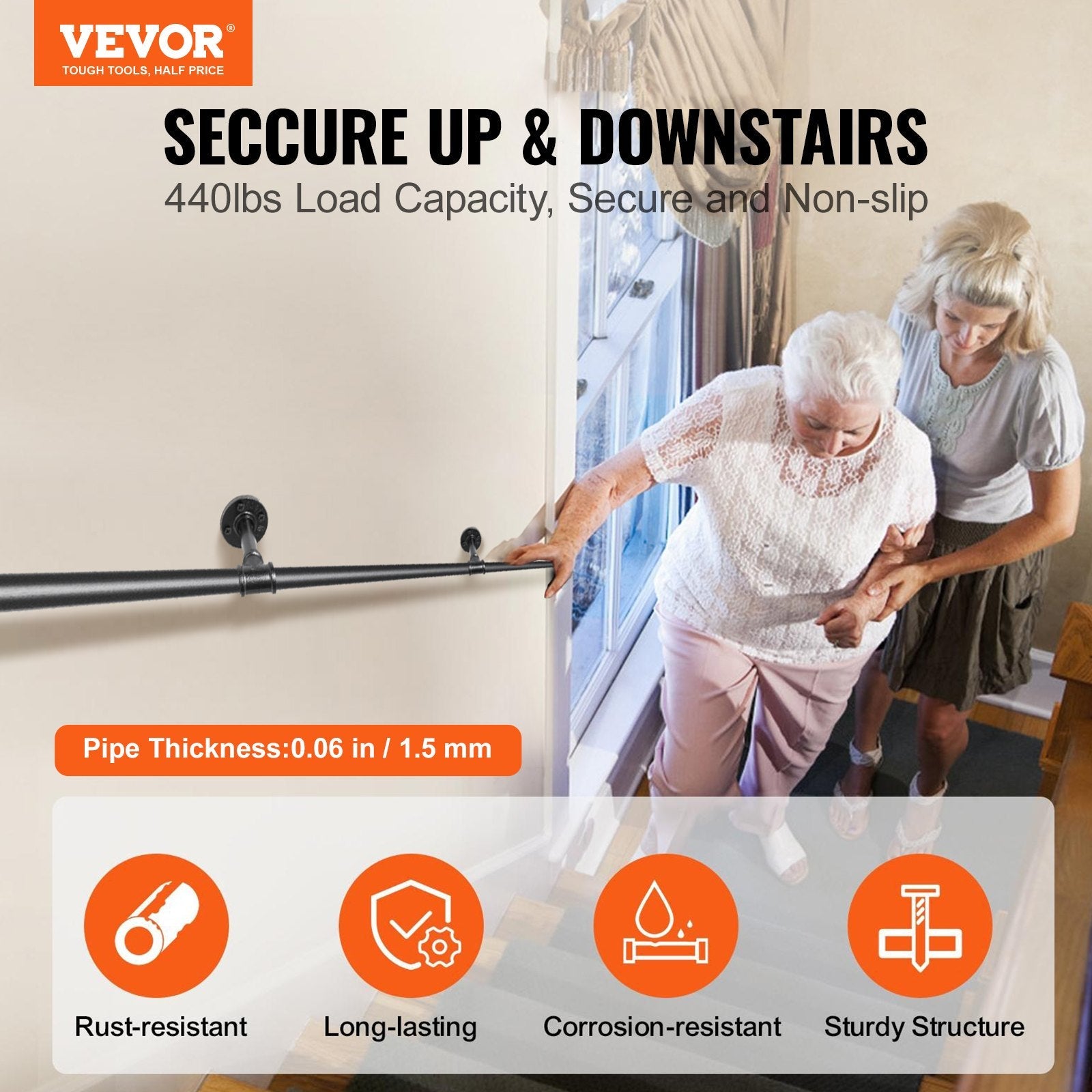 VEVOR Pipe Stair Handrail, 10FT Staircase Handrail, 440LBS Load Capacity Carbon Steel Pipe Handrail, Industrial Pipe Handrail with Wall Mount Support, Round Corner Wall Handrailing for Indoor, Outdoor 