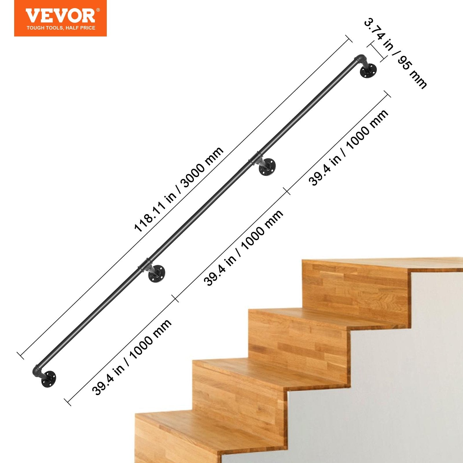 VEVOR Pipe Stair Handrail, 10FT Staircase Handrail, 440LBS Load Capacity Carbon Steel Pipe Handrail, Industrial Pipe Handrail with Wall Mount Support, Round Corner Wall Handrailing for Indoor, Outdoor 