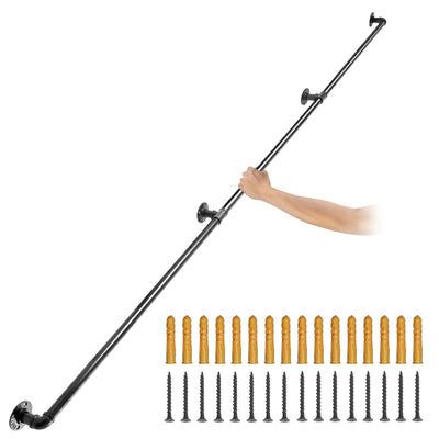 VEVOR Pipe Stair Handrail, 10FT Staircase Handrail, 440LBS Load Capacity Carbon Steel Pipe Handrail, Industrial Pipe Handrail with Wall Mount Support, Round Corner Wall Handrailing for Indoor, Outdoor 