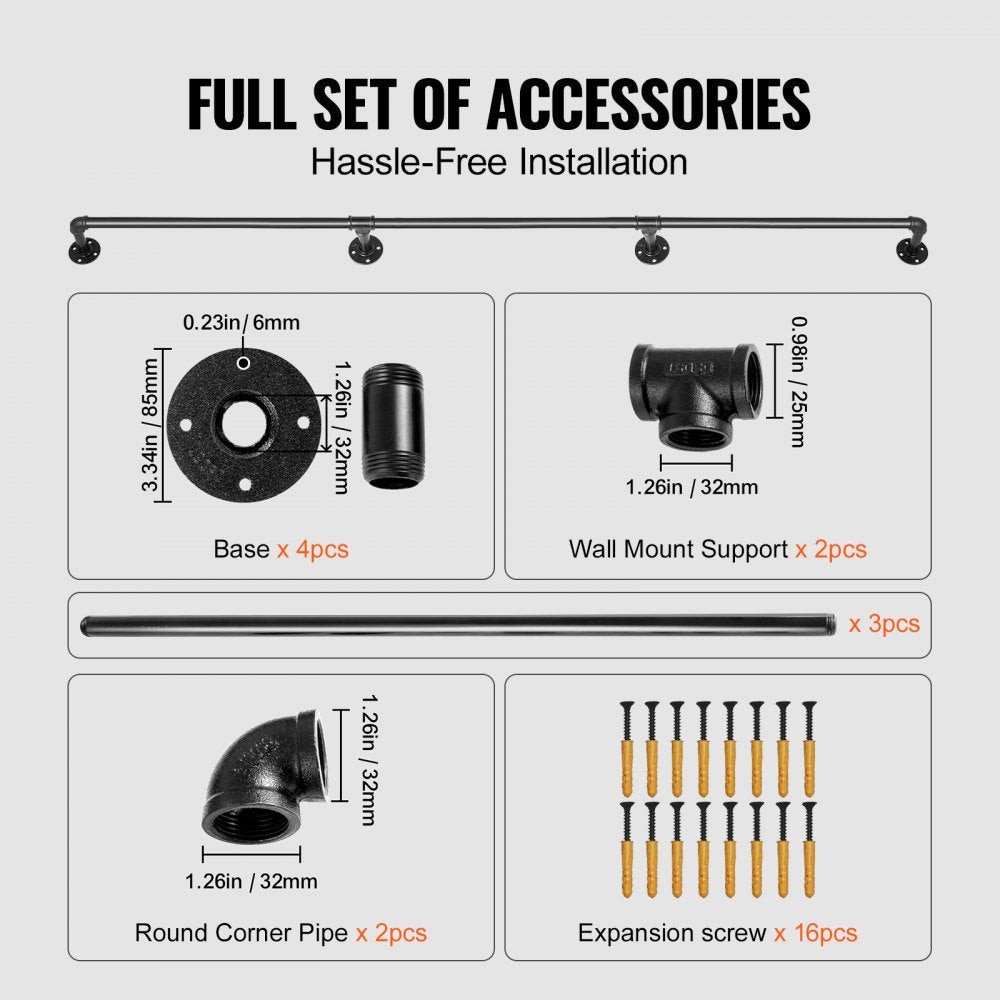 VEVOR Pipe Stair Handrail, 11FT Staircase Handrail, 440LBS Load Capacity Carbon Steel Pipe Handrail, Industrial Pipe Handrail with Wall Mount Support, Round Corner Wall Handrailing for Indoor, Outdoor 
