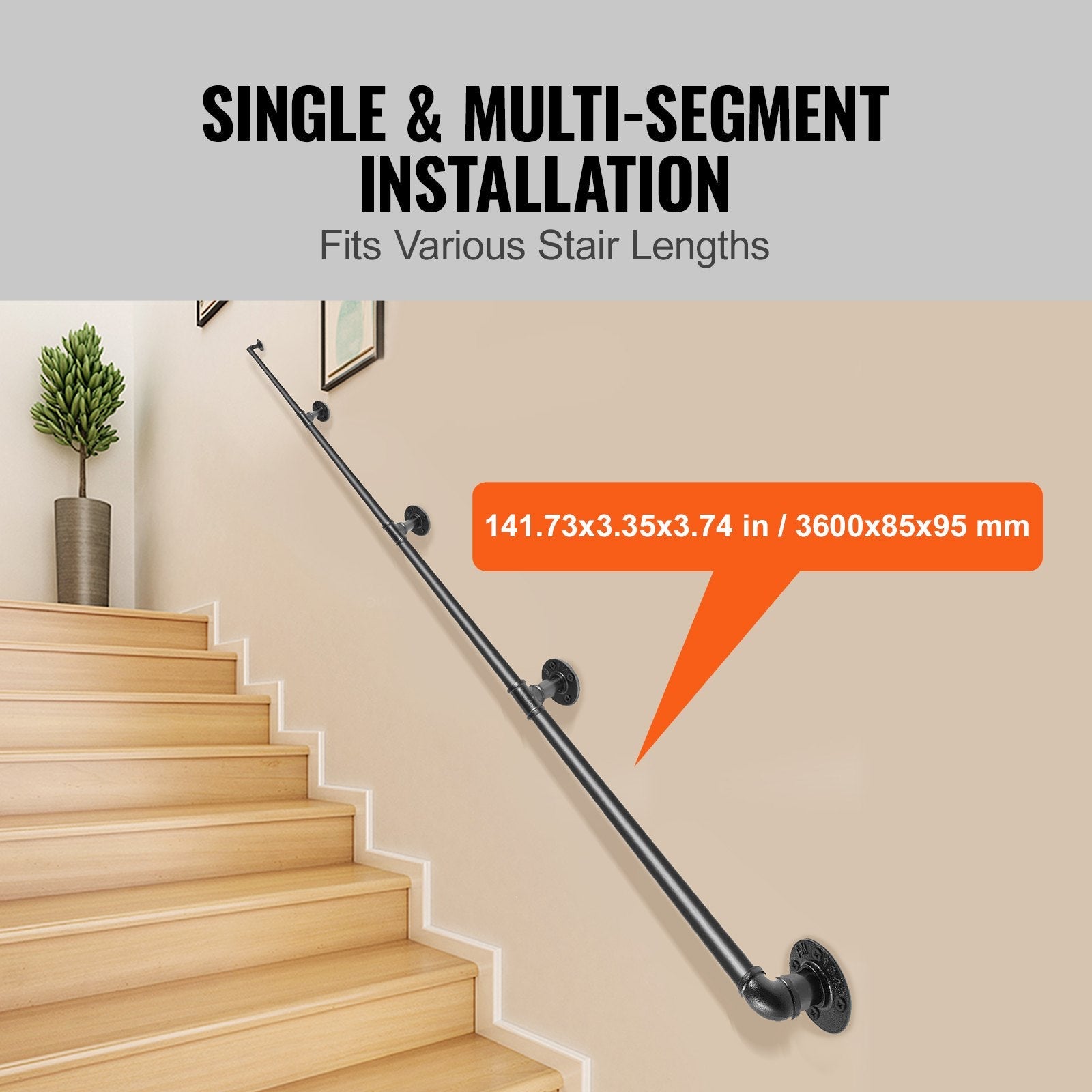VEVOR Pipe Stair Handrail, 12FT Staircase Handrail, 440LBS Load Capacity Carbon Steel Pipe Handrail, Industrial Pipe Handrail with Wall Mount Support, Round Corner Wall Handrailing for Indoor, Outdoor 