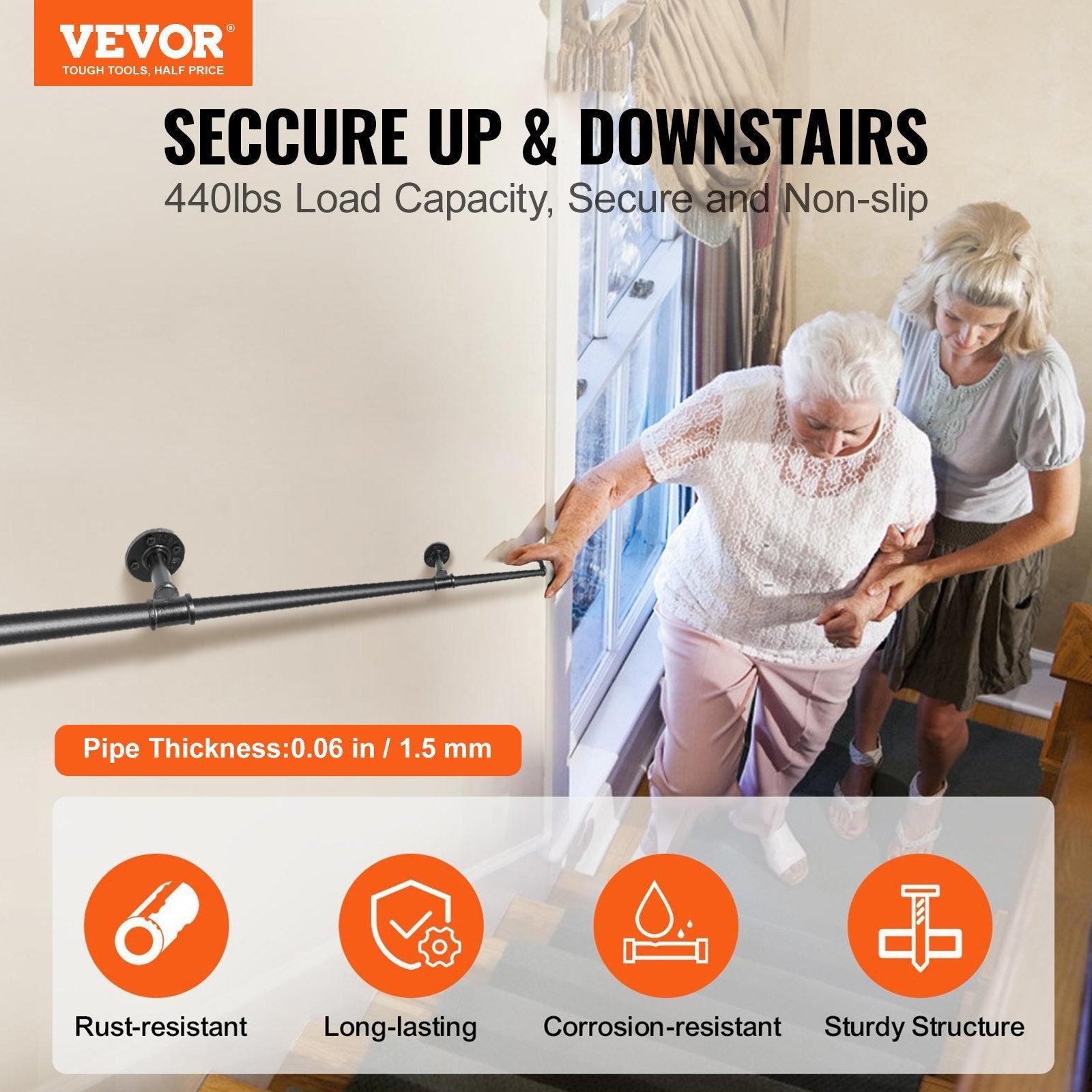 VEVOR Pipe Stair Handrail, 13FT Staircase Handrail, 440LBS Load Capacity Carbon Steel Pipe Handrail, Industrial Pipe Handrail with Wall Mount Support, Round Corner Wall Handrailing for Indoor, Outdoor 