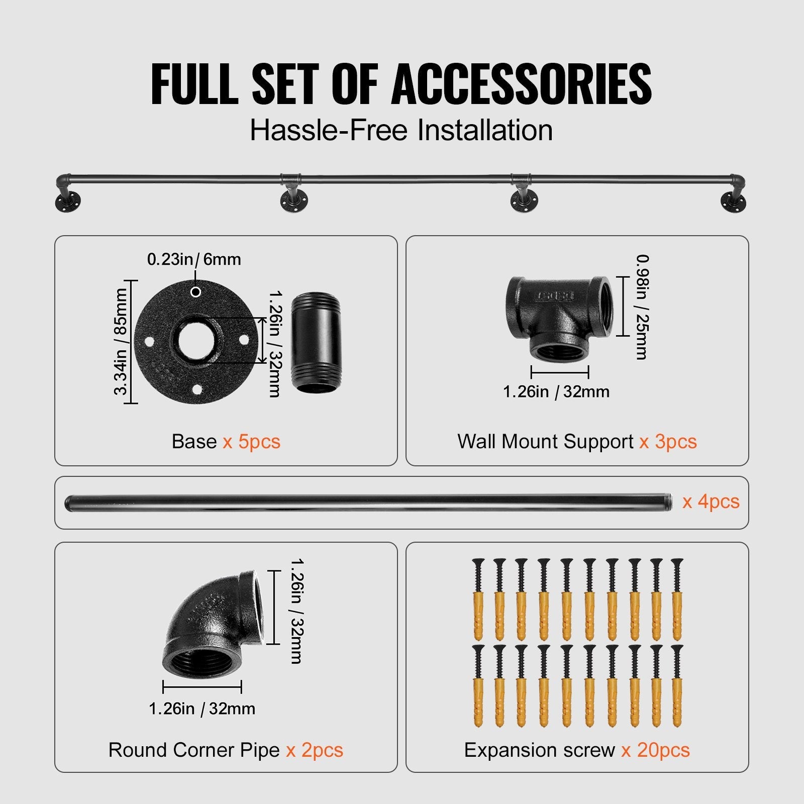 VEVOR Pipe Stair Handrail, 13FT Staircase Handrail, 440LBS Load Capacity Carbon Steel Pipe Handrail, Industrial Pipe Handrail with Wall Mount Support, Round Corner Wall Handrailing for Indoor, Outdoor 