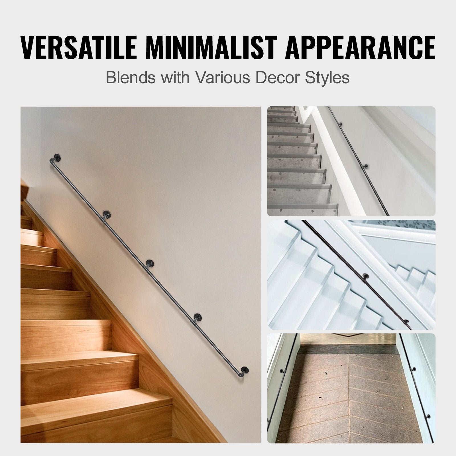 VEVOR Pipe Stair Handrail, 13FT Staircase Handrail, 440LBS Load Capacity Carbon Steel Pipe Handrail, Industrial Pipe Handrail with Wall Mount Support, Round Corner Wall Handrailing for Indoor, Outdoor 