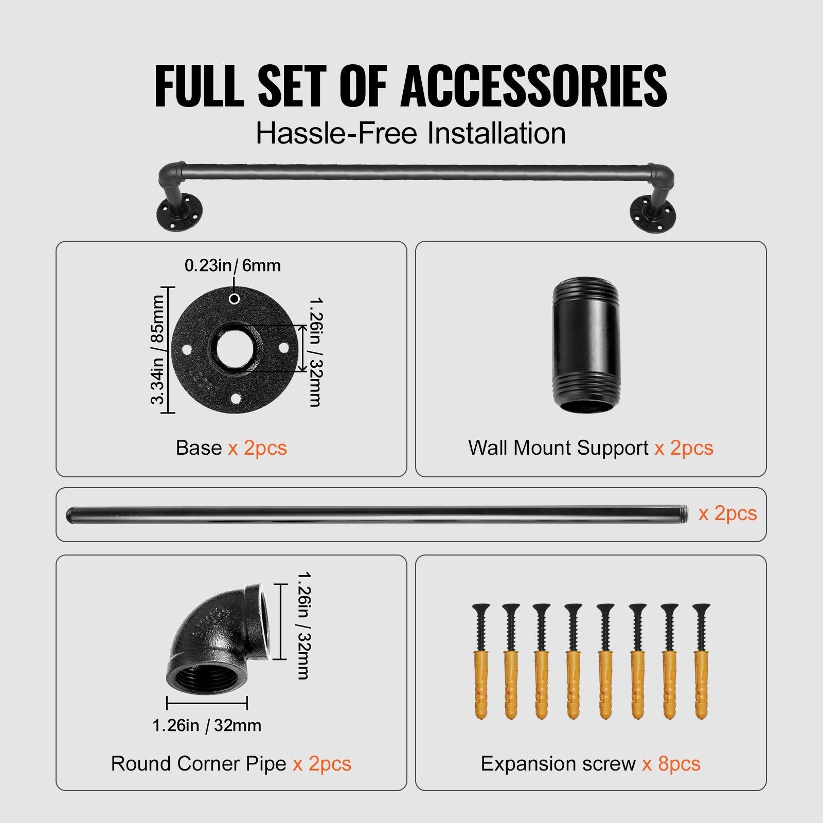 VEVOR Pipe Stair Handrail, 2FT Staircase Handrail, 440LBS Load Capacity Carbon Steel Pipe Handrail, Industrial Pipe Handrail with Wall Mount Support, Round Corner Wall Handrailings for Indoor, Outdoor 