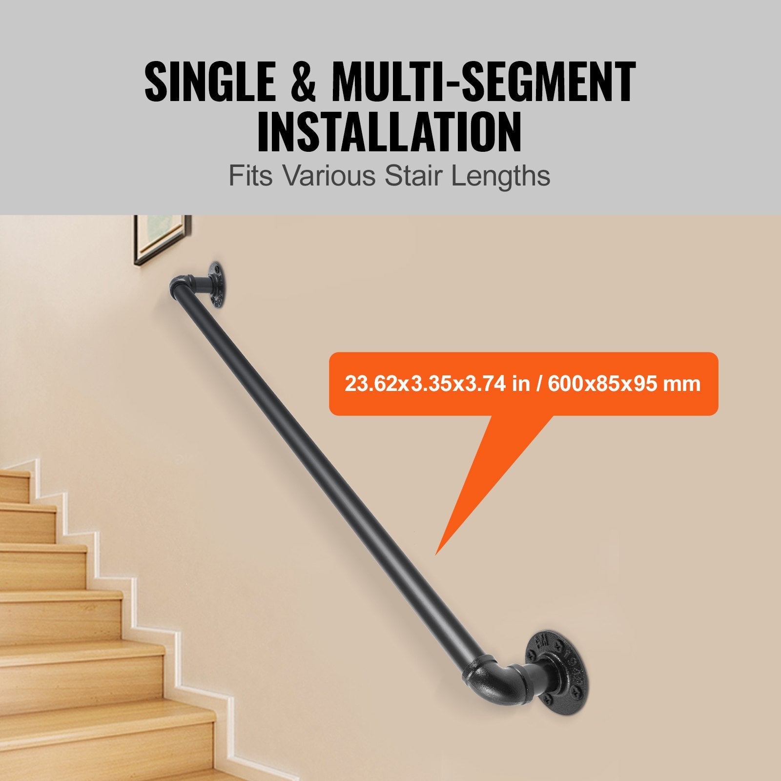 VEVOR Pipe Stair Handrail, 2FT Staircase Handrail, 440LBS Load Capacity Carbon Steel Pipe Handrail, Industrial Pipe Handrail with Wall Mount Support, Round Corner Wall Handrailings for Indoor, Outdoor 