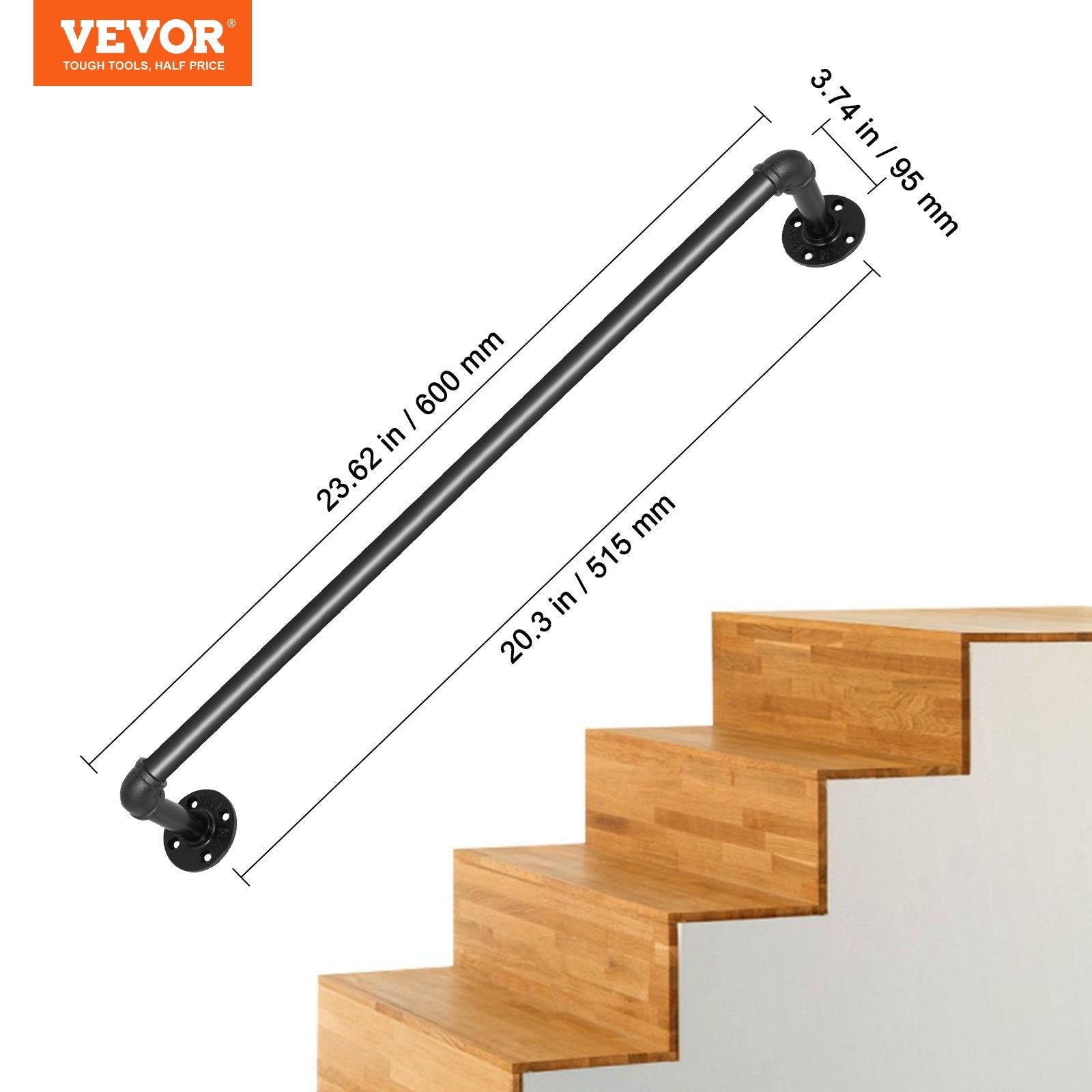 VEVOR Pipe Stair Handrail, 2FT Staircase Handrail, 440LBS Load Capacity Carbon Steel Pipe Handrail, Industrial Pipe Handrail with Wall Mount Support, Round Corner Wall Handrailings for Indoor, Outdoor 