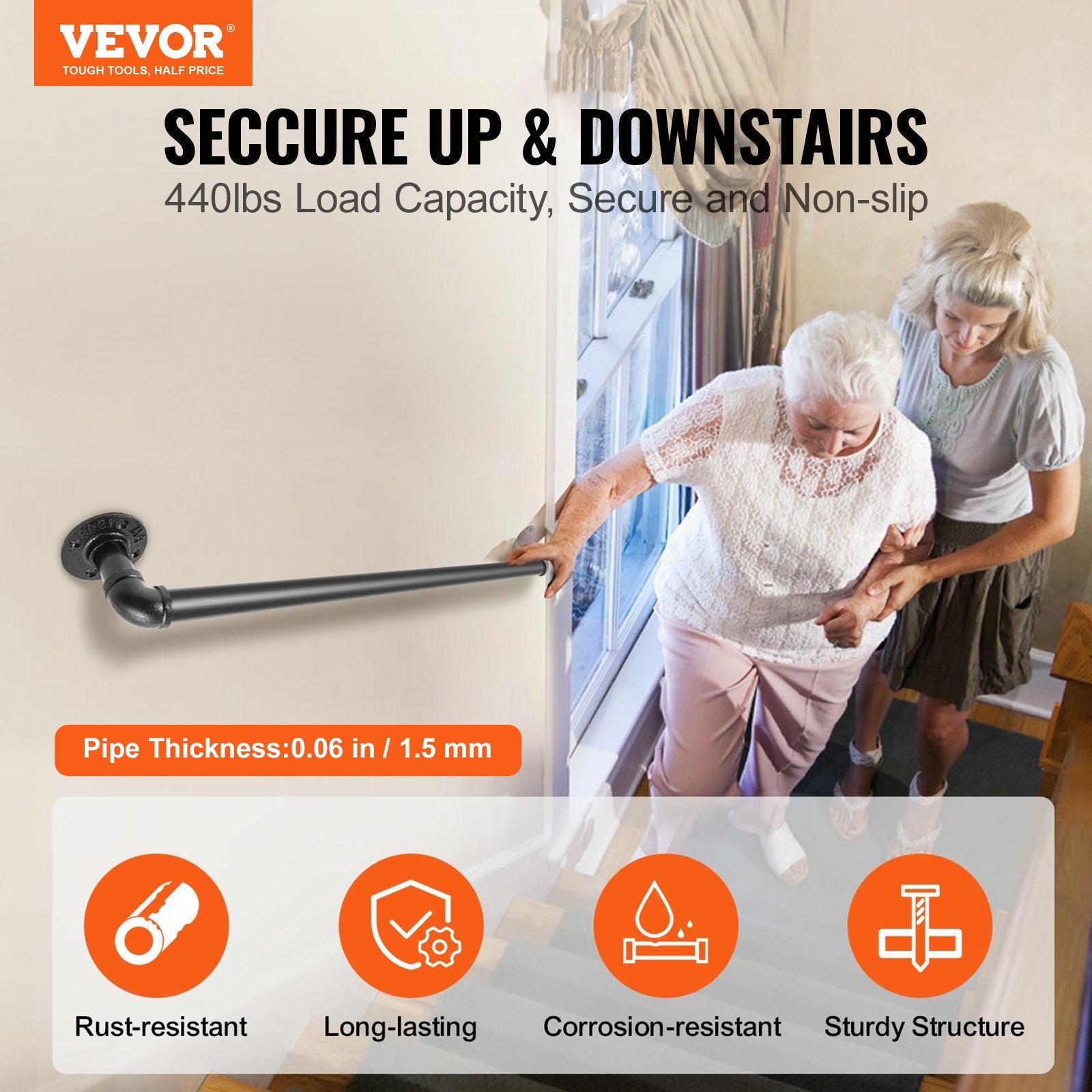 VEVOR Pipe Stair Handrail, 3FT Staircase Handrail, 440LBS Load Capacity Carbon Steel Pipe Handrail, Industrial Pipe Handrail with Wall Mount Support, Round Corner Wall Handrailings for Indoor, Outdoor 