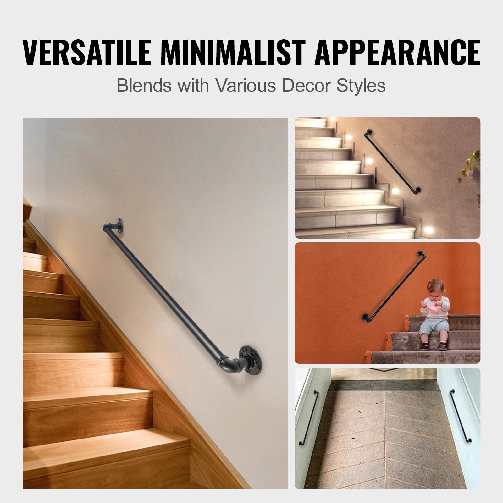 VEVOR Pipe Stair Handrail, 3FT Staircase Handrail, 440LBS Load Capacity Carbon Steel Pipe Handrail, Industrial Pipe Handrail with Wall Mount Support, Round Corner Wall Handrailings for Indoor, Outdoor 
