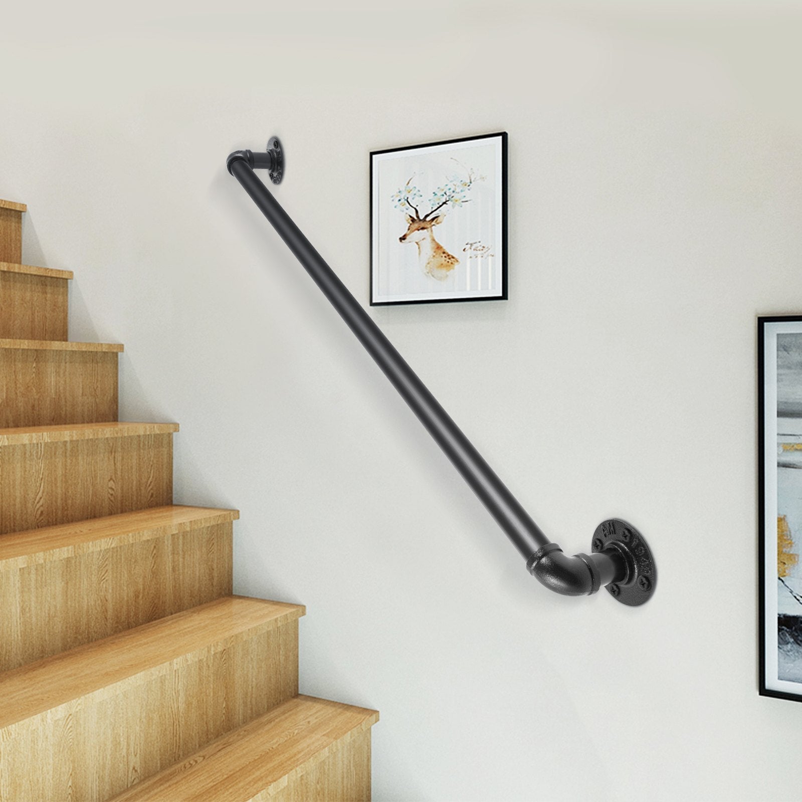 VEVOR Pipe Stair Handrail, 3FT Staircase Handrail, 440LBS Load Capacity Carbon Steel Pipe Handrail, Industrial Pipe Handrail with Wall Mount Support, Round Corner Wall Handrailings for Indoor, Outdoor 