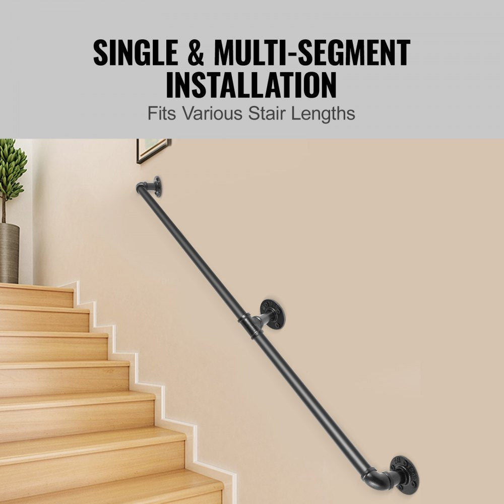 VEVOR Pipe Stair Handrail, 6FT Staircase Handrail, 440LBS Load Capacity Carbon Steel Pipe Handrail, Industrial Pipe Handrail with Wall Mount Support, Round Corner Wall Handrailings for Indoor, Outdoor 