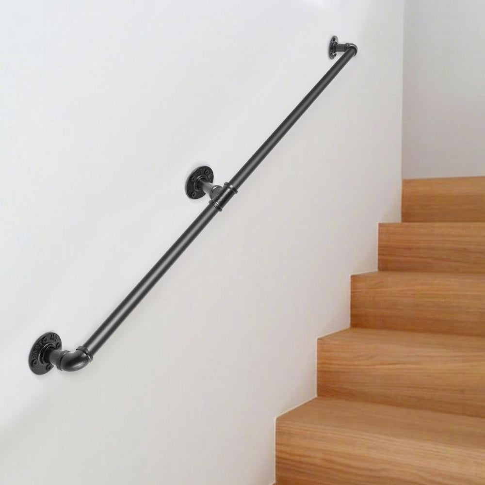 VEVOR Pipe Stair Handrail, 6FT Staircase Handrail, 440LBS Load Capacity Carbon Steel Pipe Handrail, Industrial Pipe Handrail with Wall Mount Support, Round Corner Wall Handrailings for Indoor, Outdoor 