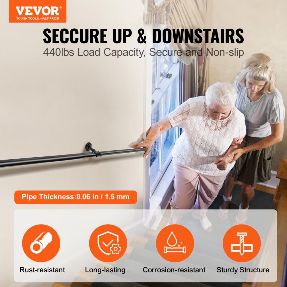 VEVOR Pipe Stair Handrail, 7FT Staircase Handrail, 440LBS Load Capacity Carbon Steel Pipe Handrail, Industrial Pipe Handrail with Wall Mount Support, Round Corner Wall Handrailings for Indoor, Outdoor 