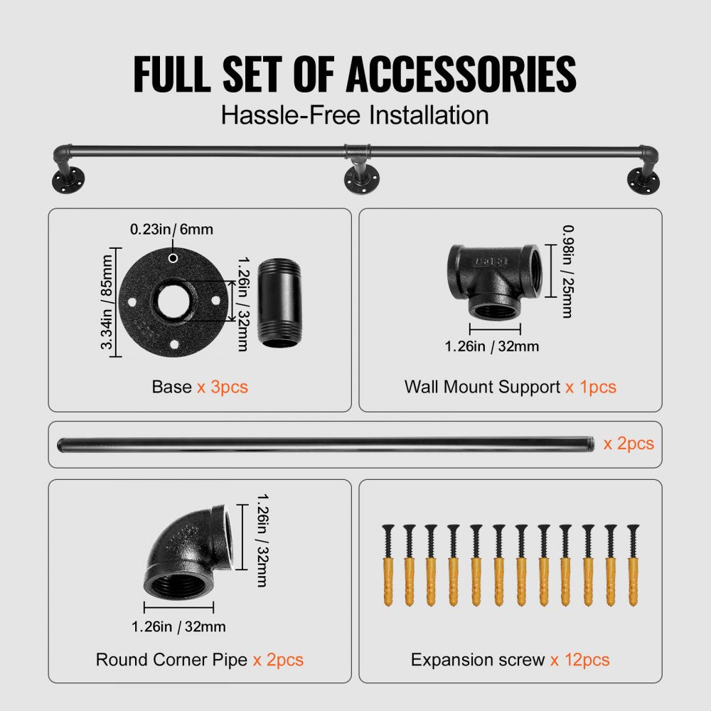 VEVOR Pipe Stair Handrail, 7FT Staircase Handrail, 440LBS Load Capacity Carbon Steel Pipe Handrail, Industrial Pipe Handrail with Wall Mount Support, Round Corner Wall Handrailings for Indoor, Outdoor 