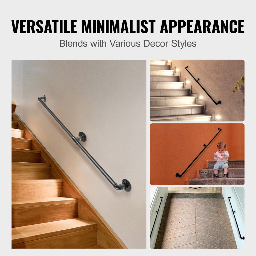 VEVOR Pipe Stair Handrail, 7FT Staircase Handrail, 440LBS Load Capacity Carbon Steel Pipe Handrail, Industrial Pipe Handrail with Wall Mount Support, Round Corner Wall Handrailings for Indoor, Outdoor 