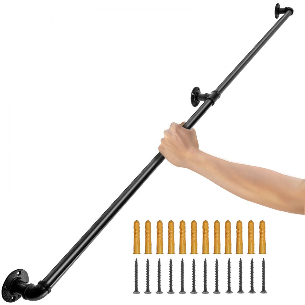 VEVOR Pipe Stair Handrail, 7FT Staircase Handrail, 440LBS Load Capacity Carbon Steel Pipe Handrail, Industrial Pipe Handrail with Wall Mount Support, Round Corner Wall Handrailings for Indoor, Outdoor 