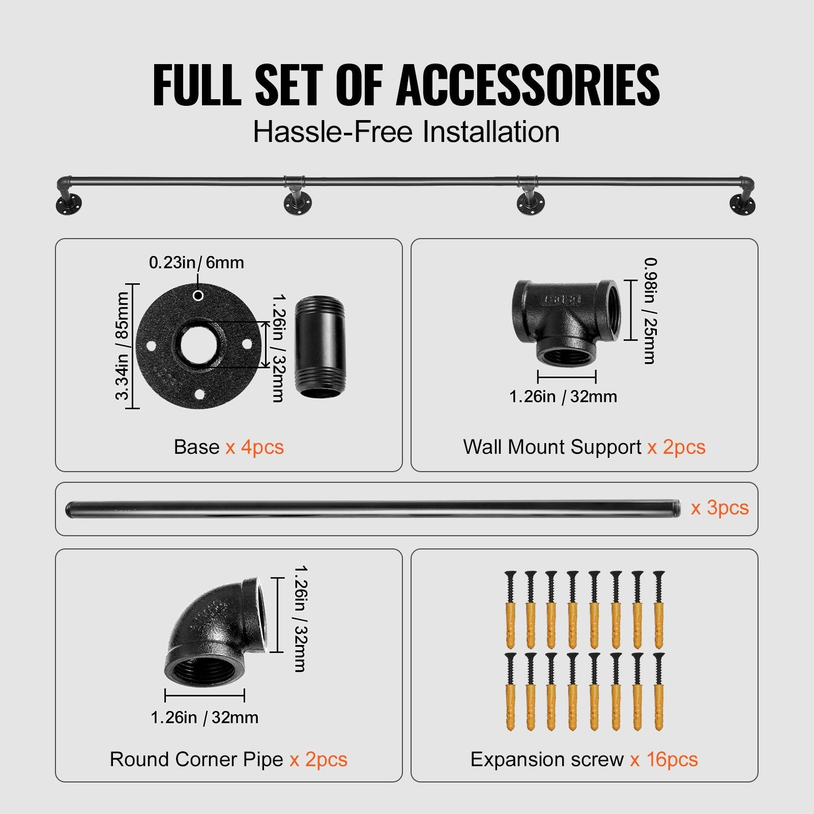 VEVOR Pipe Stair Handrail, 8FT Staircase Handrail, 440LBS Load Capacity Carbon Steel Pipe Handrail, Industrial Pipe Handrail with Wall Mount Support, Round Corner Wall Handrailings for Indoor, Outdoor 