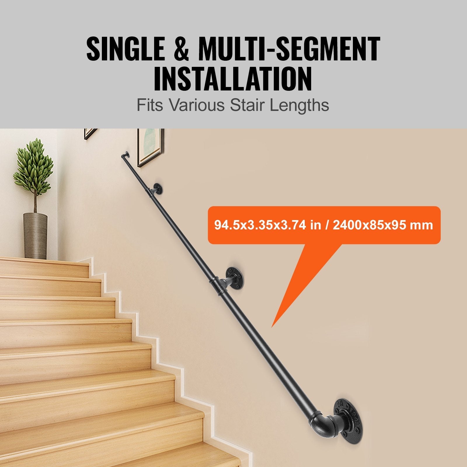 VEVOR Pipe Stair Handrail, 8FT Staircase Handrail, 440LBS Load Capacity Carbon Steel Pipe Handrail, Industrial Pipe Handrail with Wall Mount Support, Round Corner Wall Handrailings for Indoor, Outdoor 