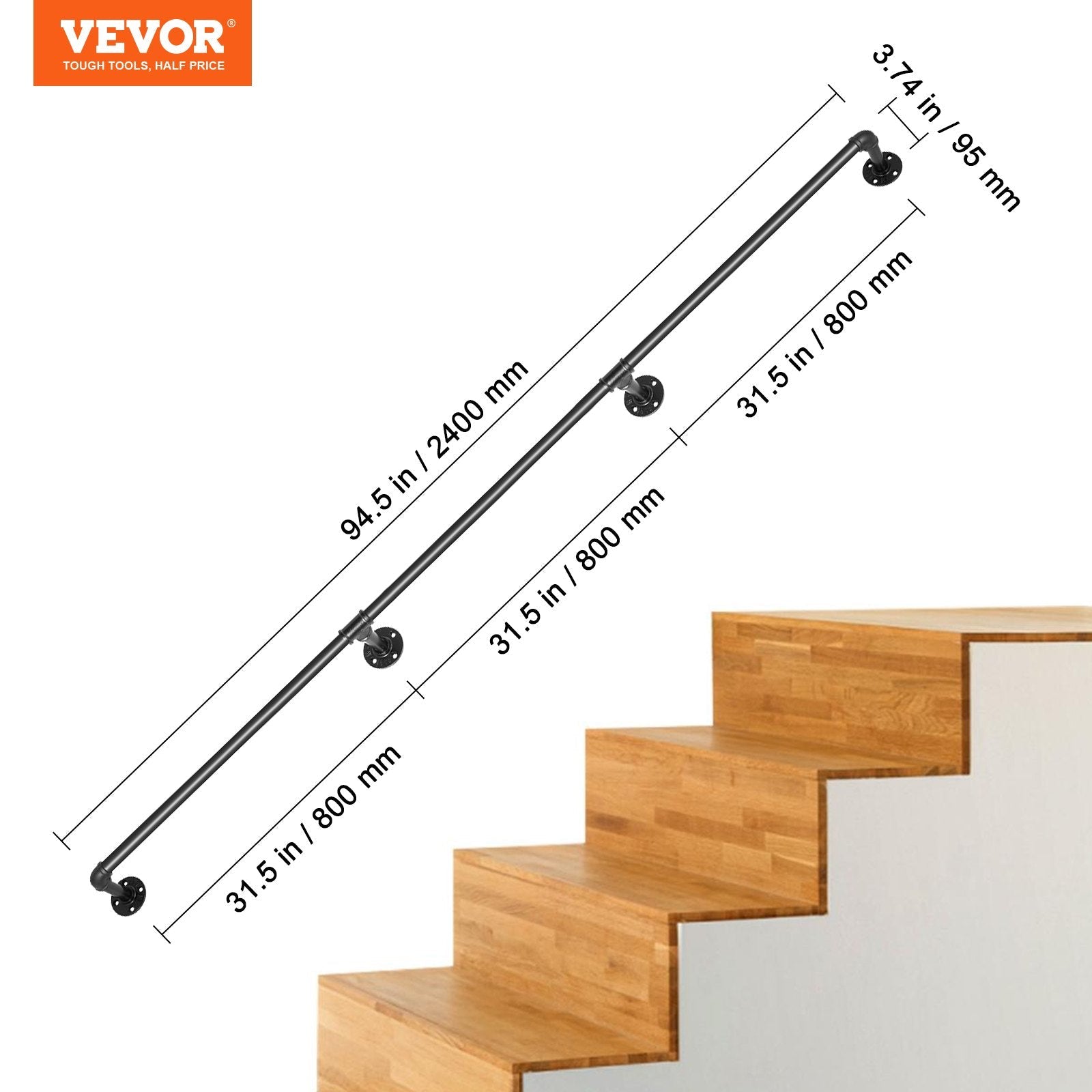 VEVOR Pipe Stair Handrail, 8FT Staircase Handrail, 440LBS Load Capacity Carbon Steel Pipe Handrail, Industrial Pipe Handrail with Wall Mount Support, Round Corner Wall Handrailings for Indoor, Outdoor 