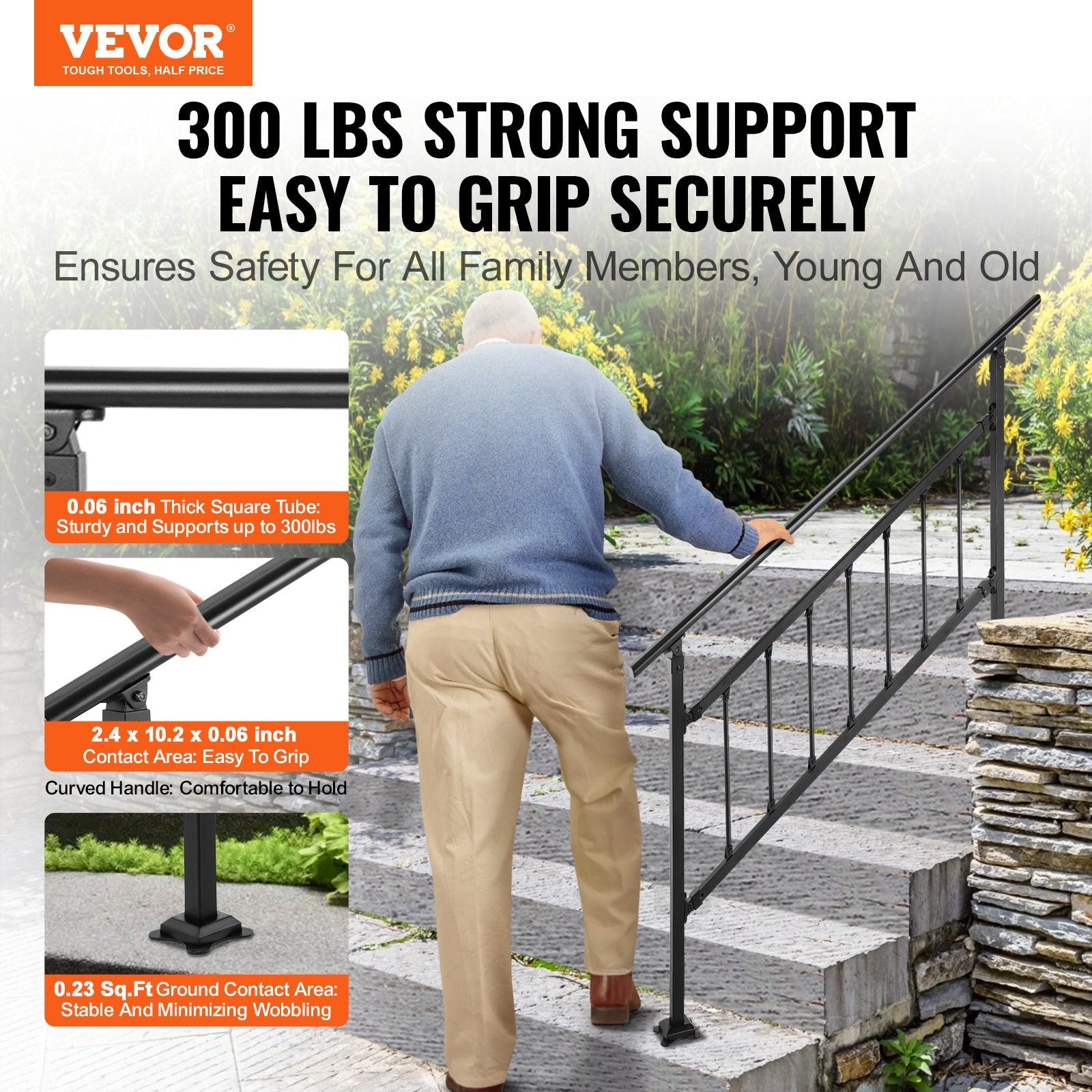 VEVOR Outdoor Stair Railing, Fits for 1-4 Steps Transitional Wrought Iron Handrail, Adjustable Exterior Stair Railing, Handrails for Concrete Steps with Installation Kit, Matte Black Outdoor Handrail 