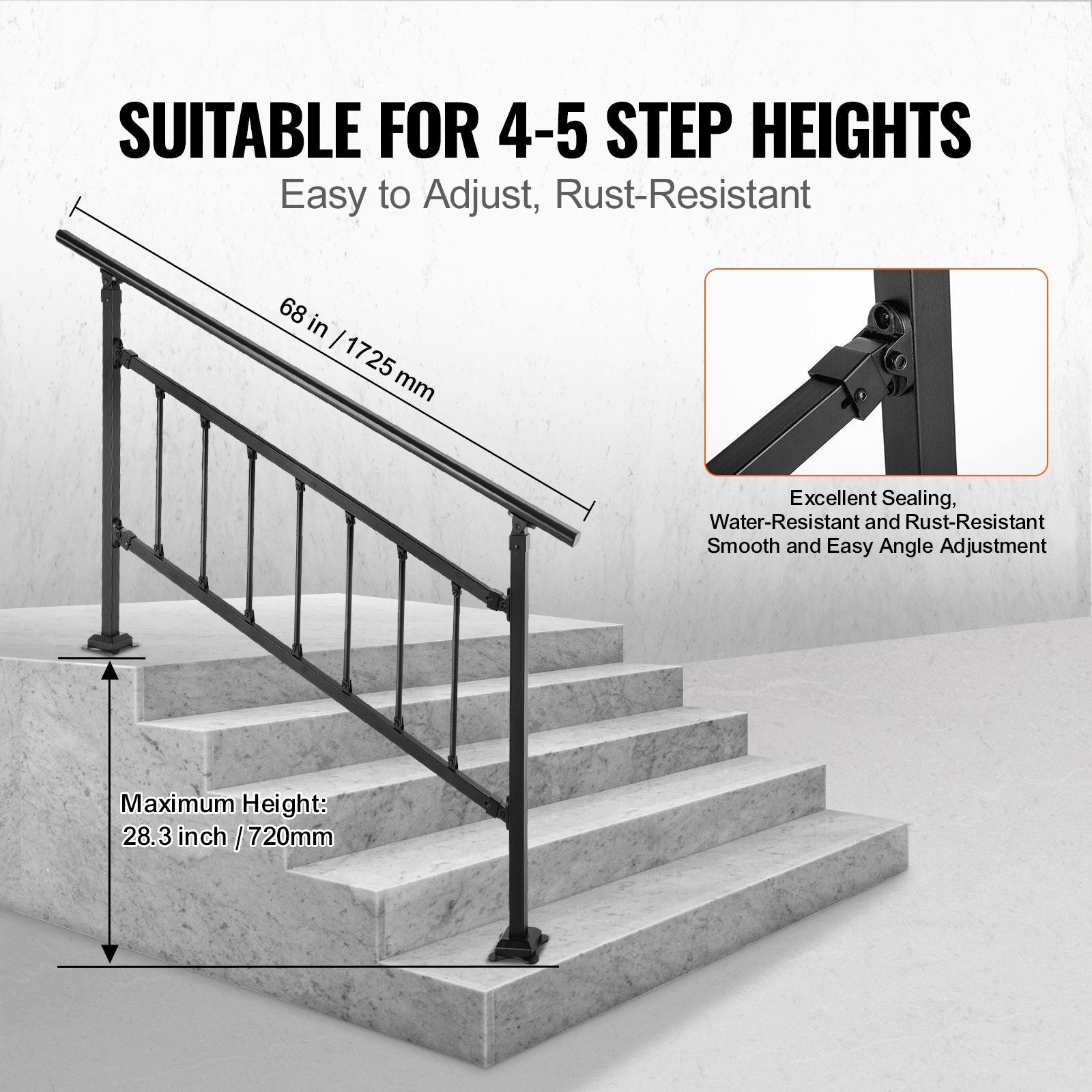 VEVOR Outdoor Stair Railing, Fits for 1-4 Steps Transitional Wrought Iron Handrail, Adjustable Exterior Stair Railing, Handrails for Concrete Steps with Installation Kit, Matte Black Outdoor Handrail 