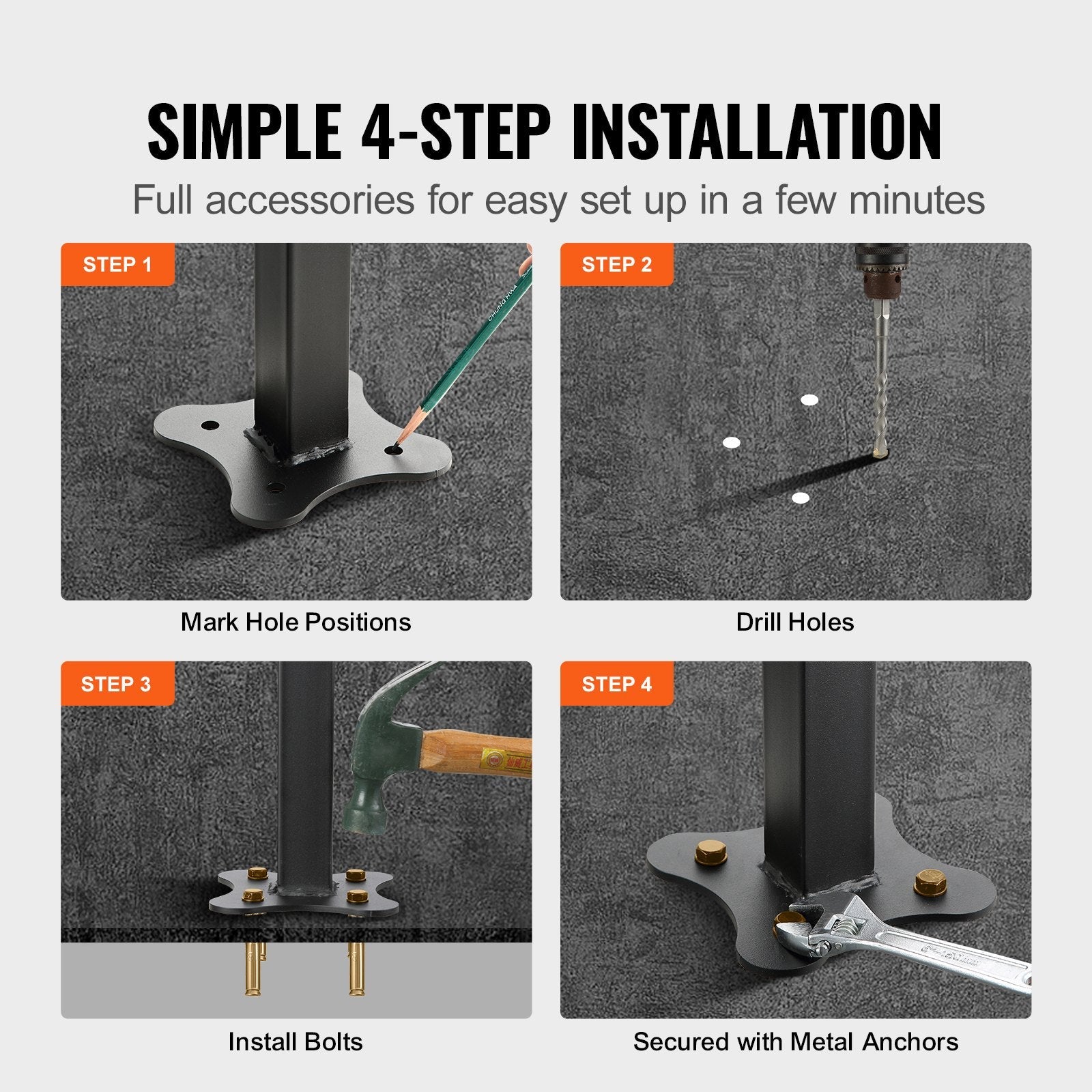 VEVOR Outdoor Stair Railing, Fits for 1-4 Steps Transitional Wrought Iron Handrail, Adjustable Exterior Stair Railing, Handrails for Concrete Steps with Installation Kit, Matte Black Outdoor Handrail 