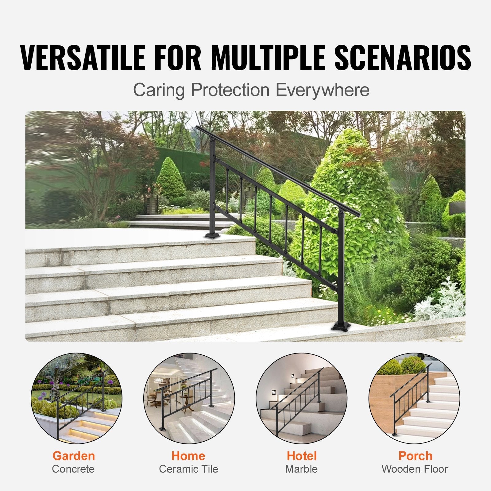 VEVOR Outdoor Stair Railing, Fits for 1-4 Steps Transitional Wrought Iron Handrail, Adjustable Exterior Stair Railing, Handrails for Concrete Steps with Installation Kit, Matte Black Outdoor Handrail 
