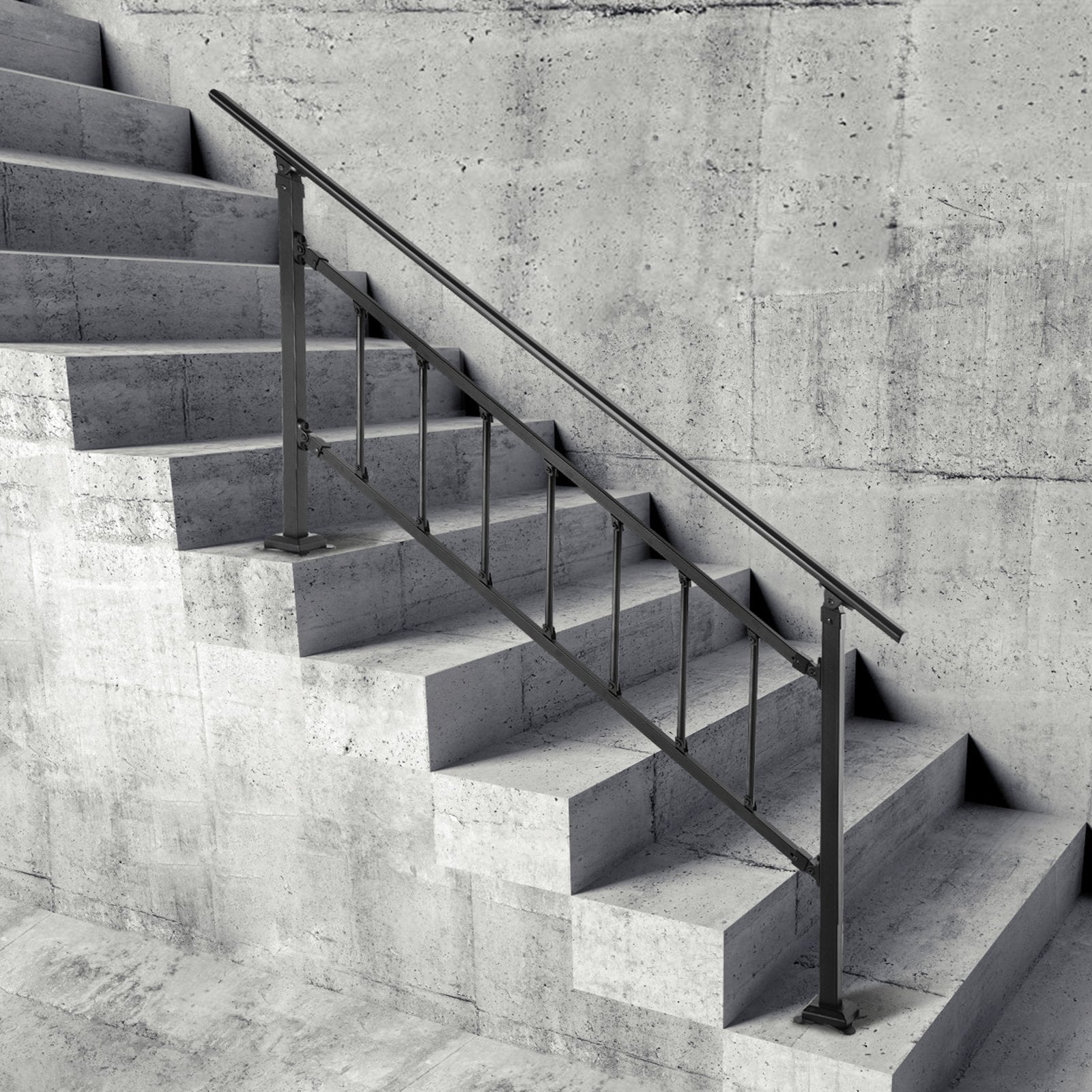 VEVOR Outdoor Stair Railing, Fits for 1-4 Steps Transitional Wrought Iron Handrail, Adjustable Exterior Stair Railing, Handrails for Concrete Steps with Installation Kit, Matte Black Outdoor Handrail 