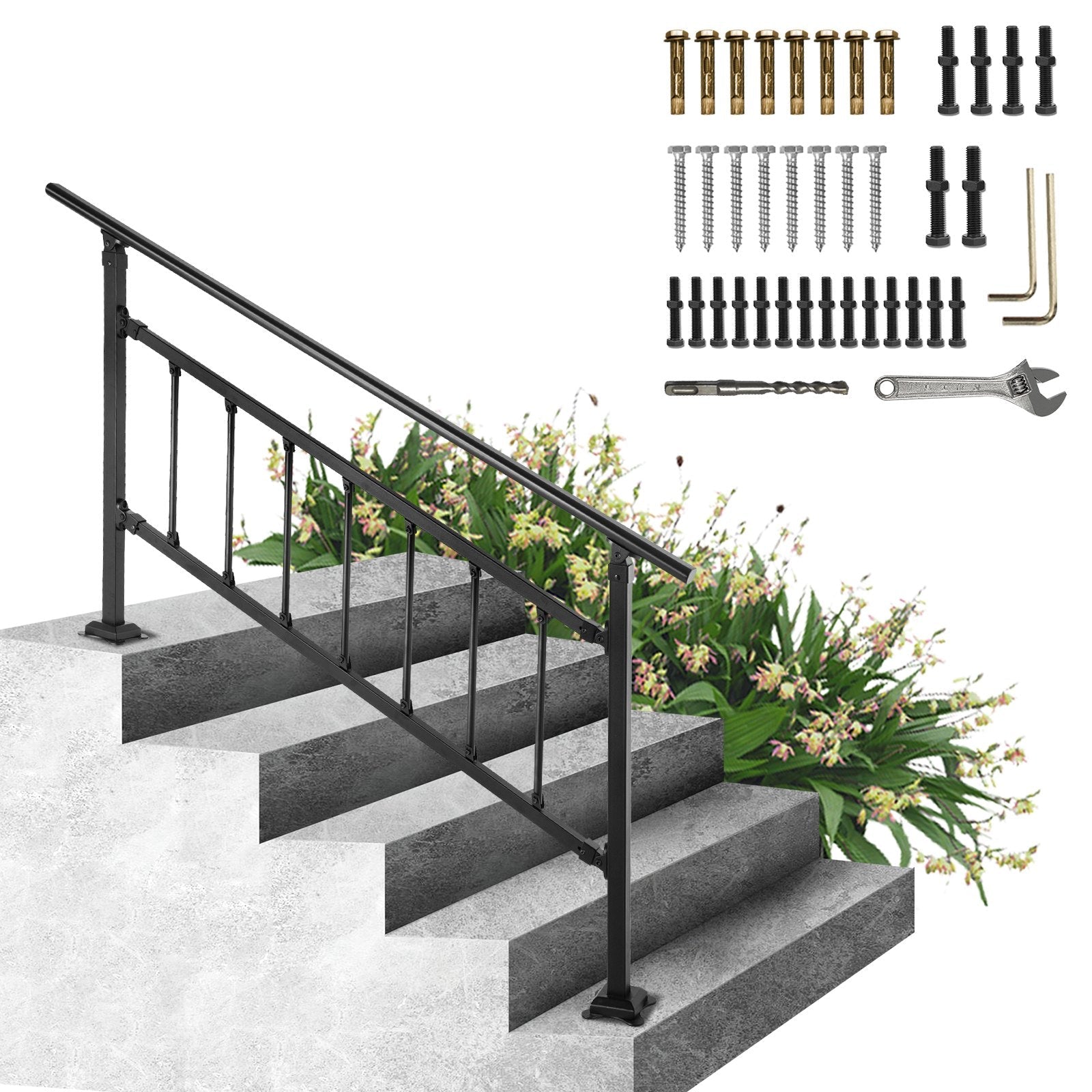 VEVOR Outdoor Stair Railing, Fits for 1-4 Steps Transitional Wrought Iron Handrail, Adjustable Exterior Stair Railing, Handrails for Concrete Steps with Installation Kit, Matte Black Outdoor Handrail 