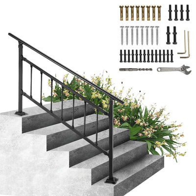 VEVOR Outdoor Stair Railing, Fits for 1-4 Steps Transitional Wrought Iron Handrail, Adjustable Exterior Stair Railing, Handrails for Concrete Steps with Installation Kit, Matte Black Outdoor Handrail 
